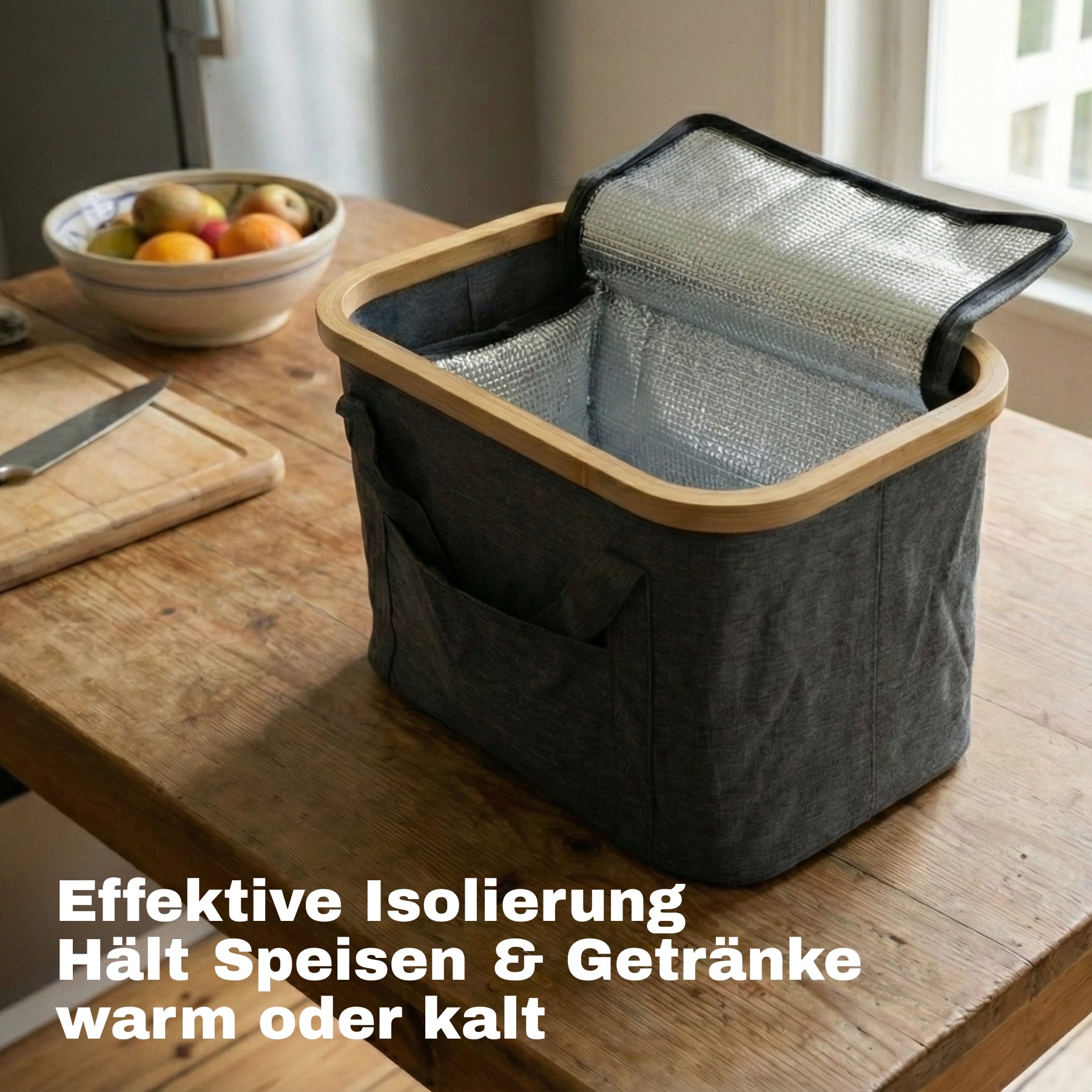 BigDean Picknicktasche 2-in-1 Kühltasche grau 24L mit Bambusdeckel