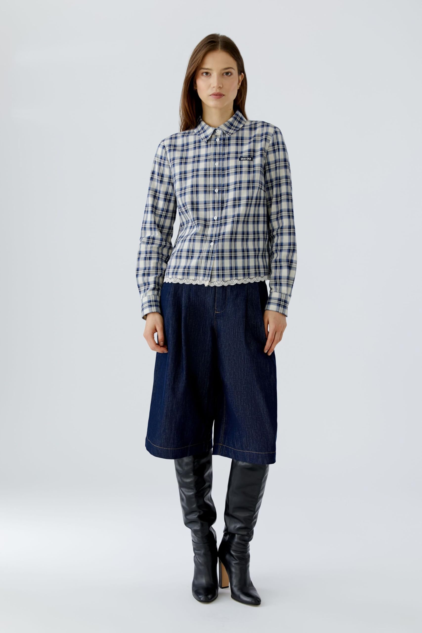 Oui Blouses Hemdbluse kariert Spitze Größe 40