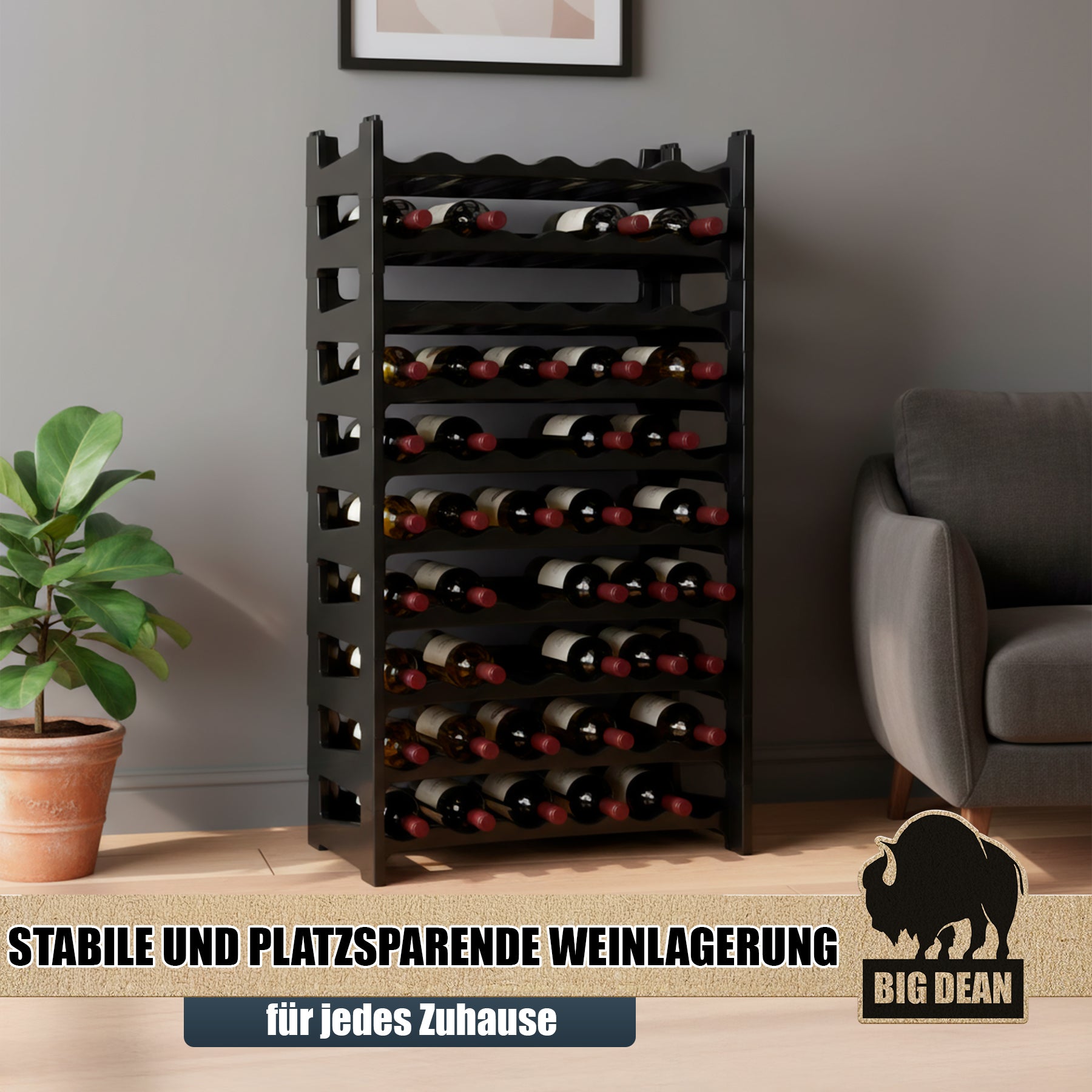 BigDean Küche & Vorrat Flaschenregal stapelbar 60 Flaschen schwarz