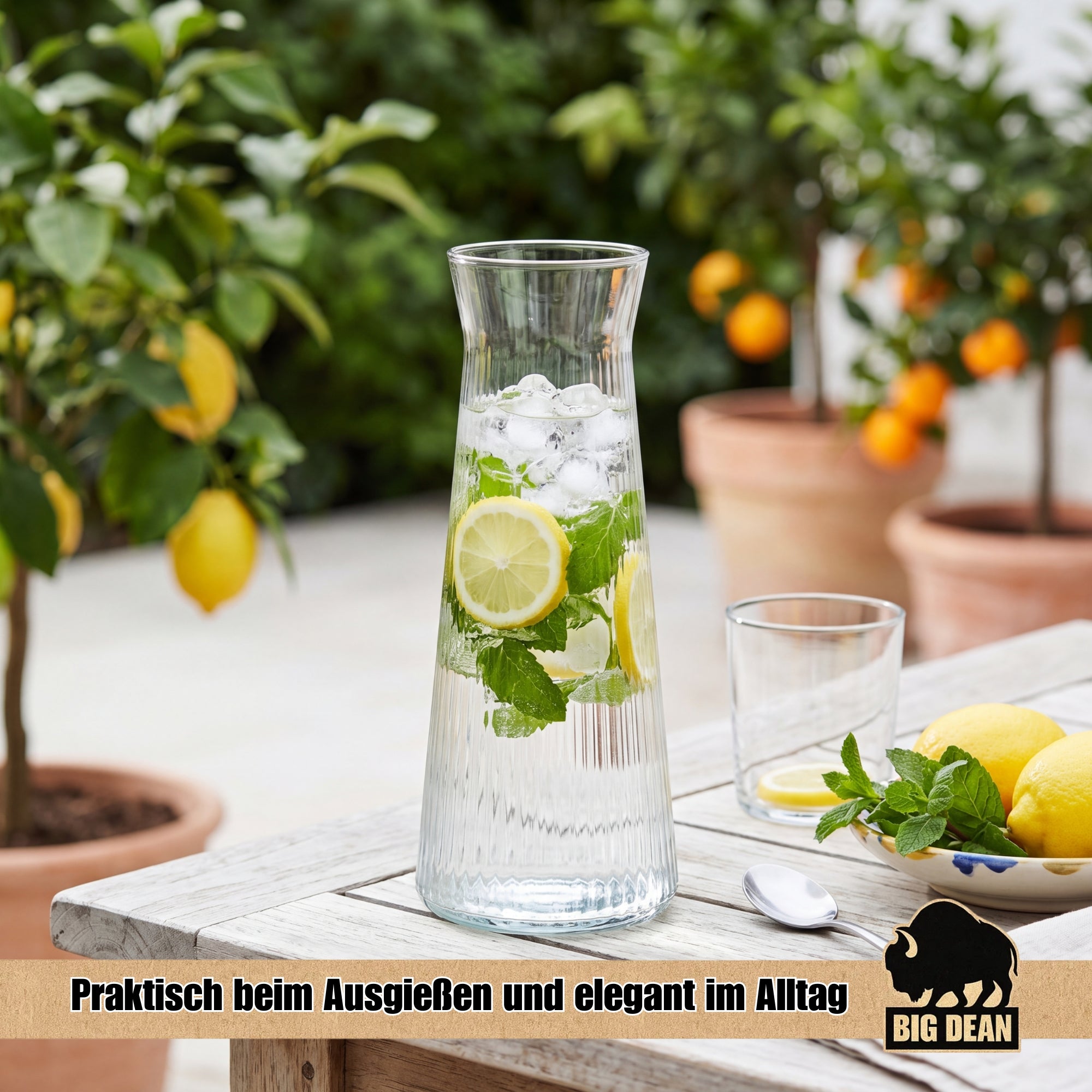 BigDean Küche Wasserkaraffe Glas 1L geriffelt 2er Set