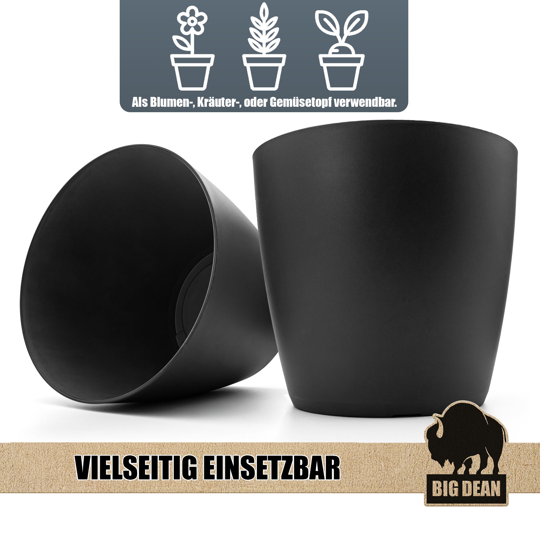 BigDean Blumentopf Übertopf 4 Stück Graphit 24 cm Kunststoff