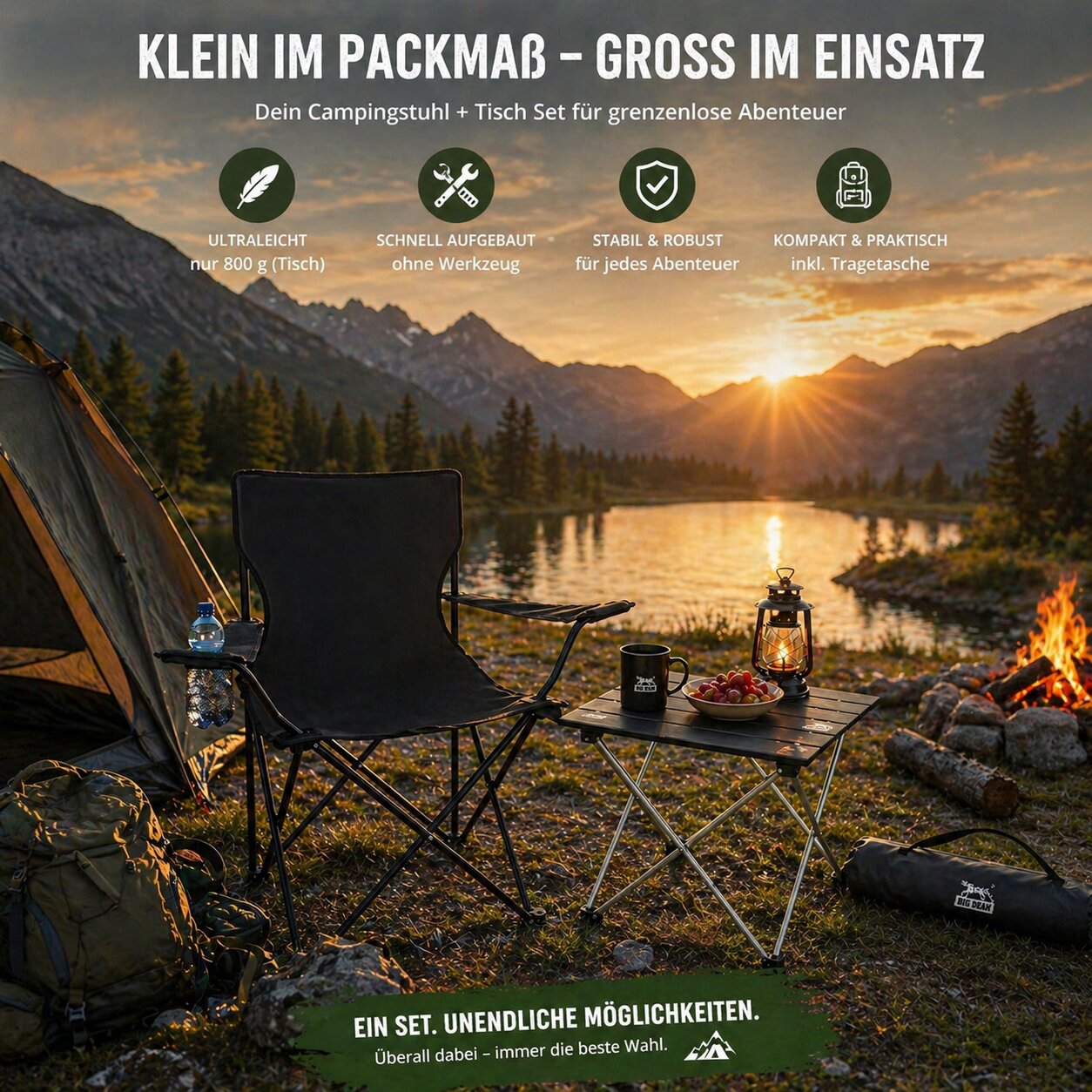 BigDean Campingstuhl mit Tisch Set klappbar schwarz