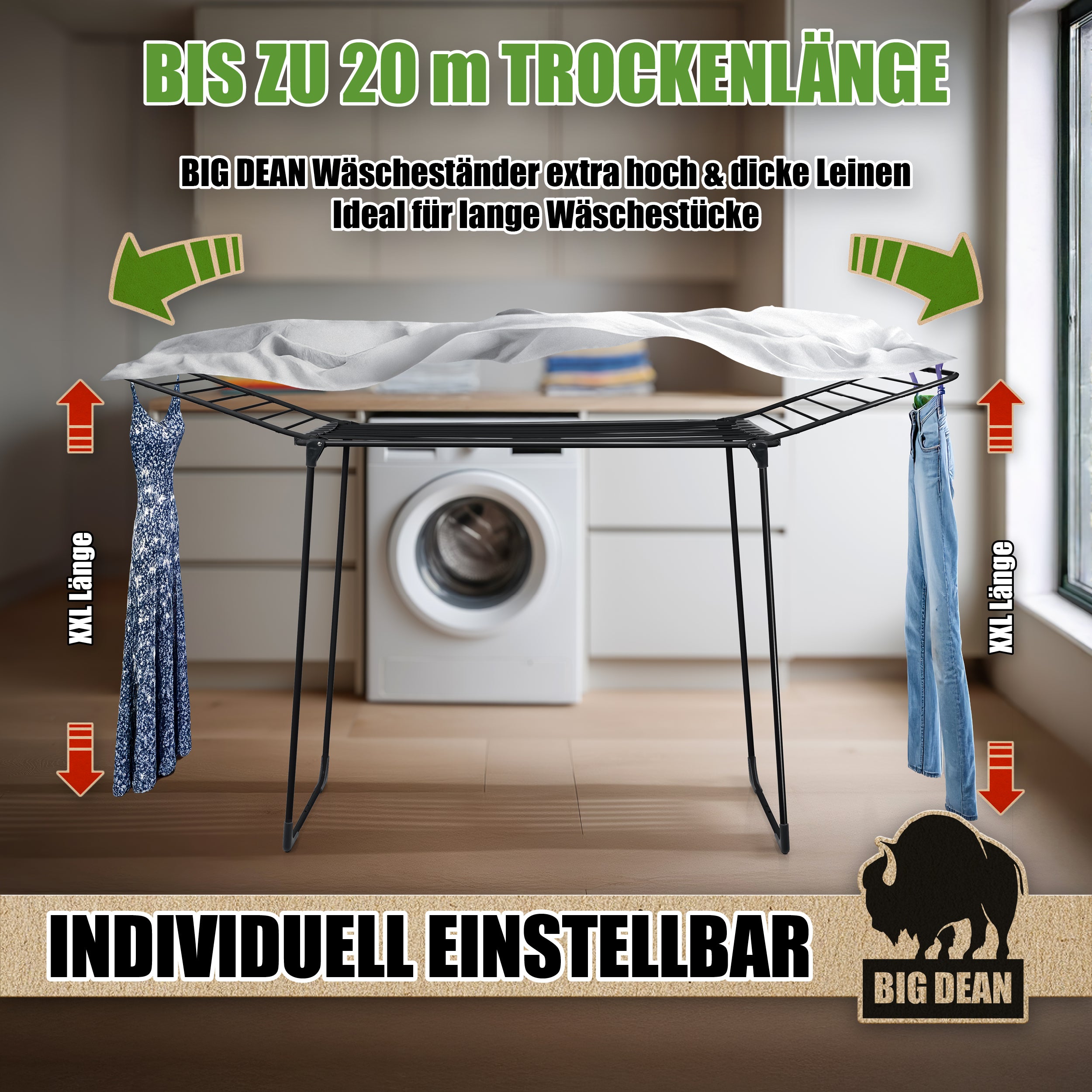 BigDean Wäscheständer 200 Schwarz 20m XXL extra hoch