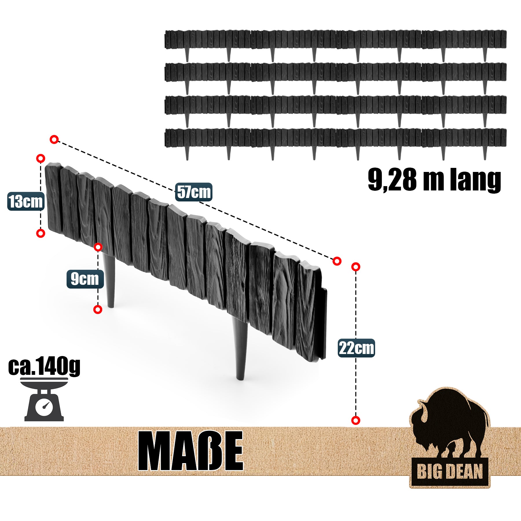BigDean Rasenkante 9,28m Anthrazit Beeteinfassung 13cm