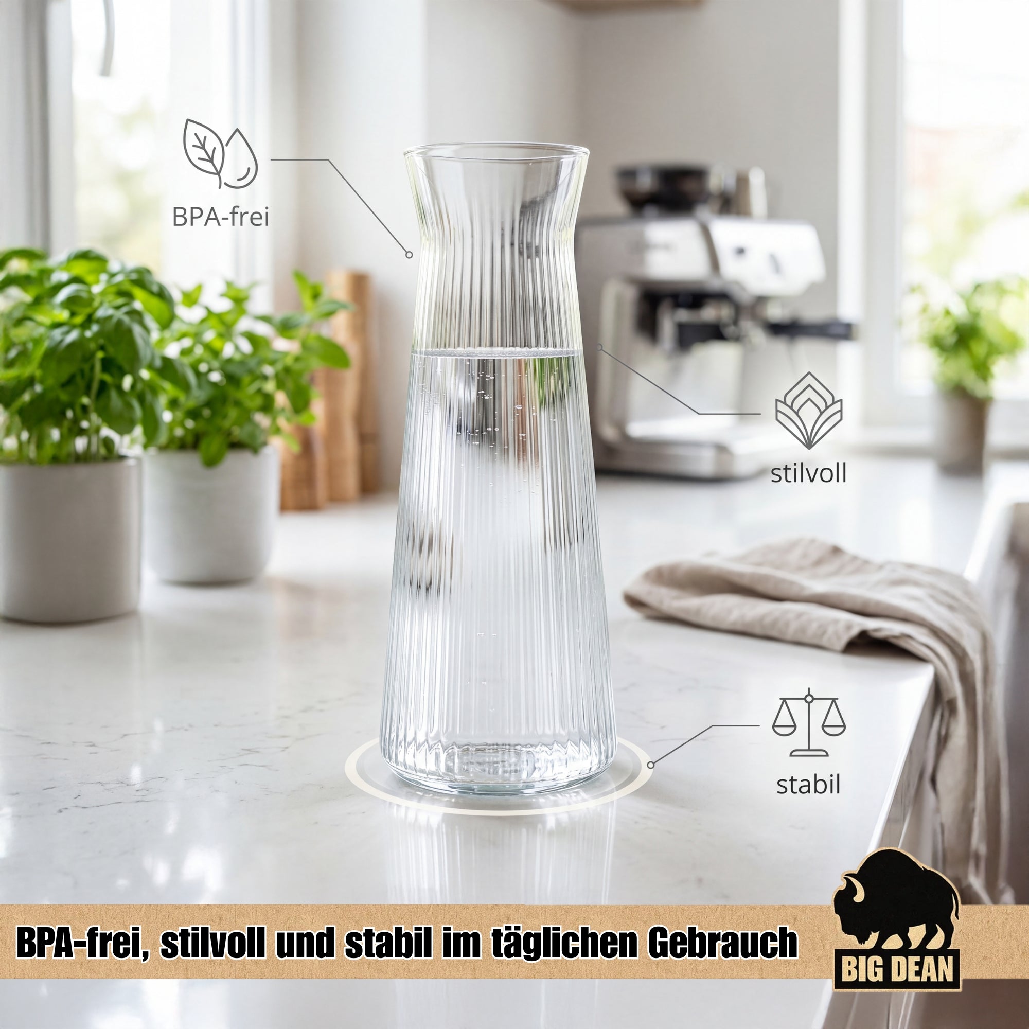 BigDean Küche Wasserkaraffe Glas 1L geriffelt 2er Set