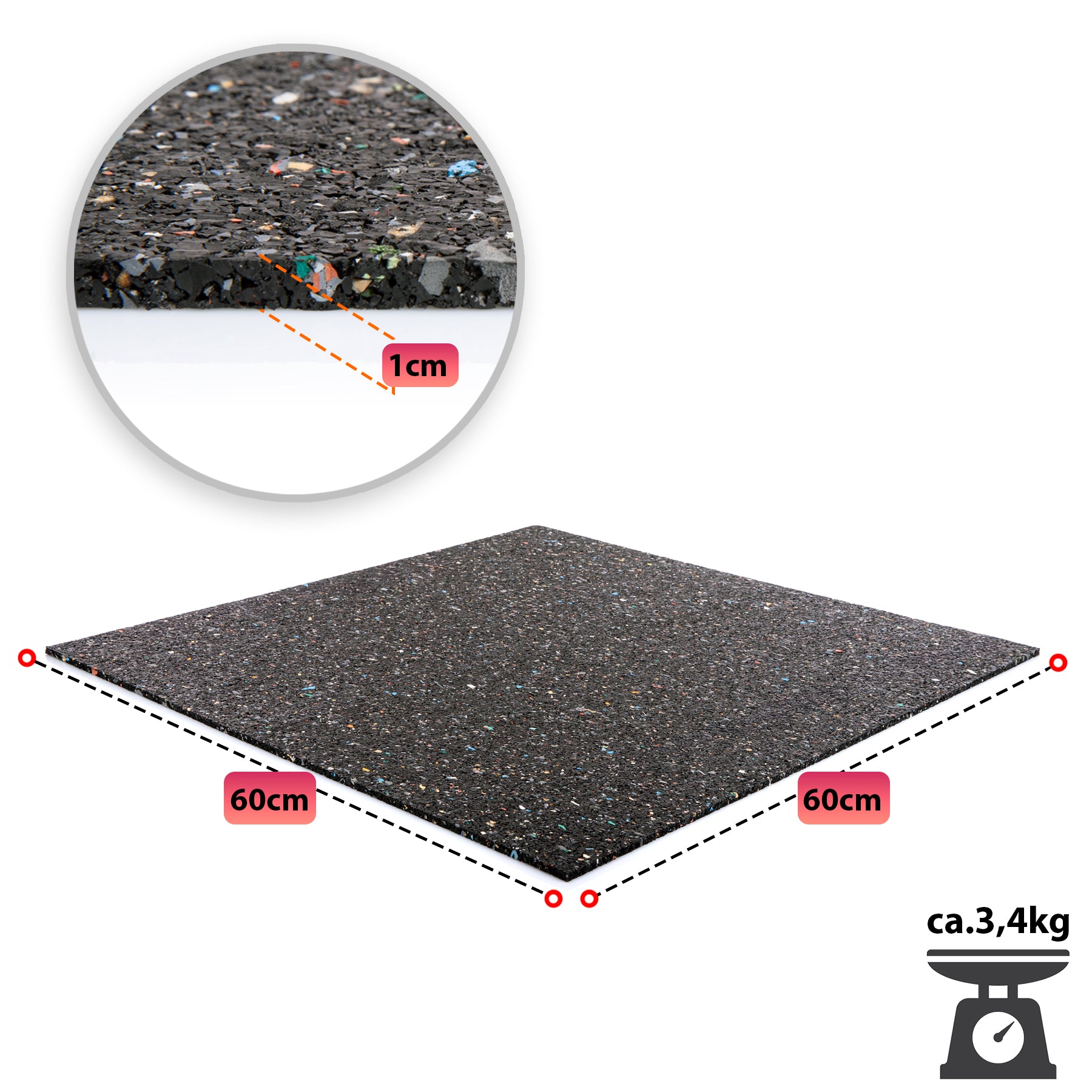 BigDean Antivibrationsmatte 60x60 cm Schwarz 1 cm Gummi