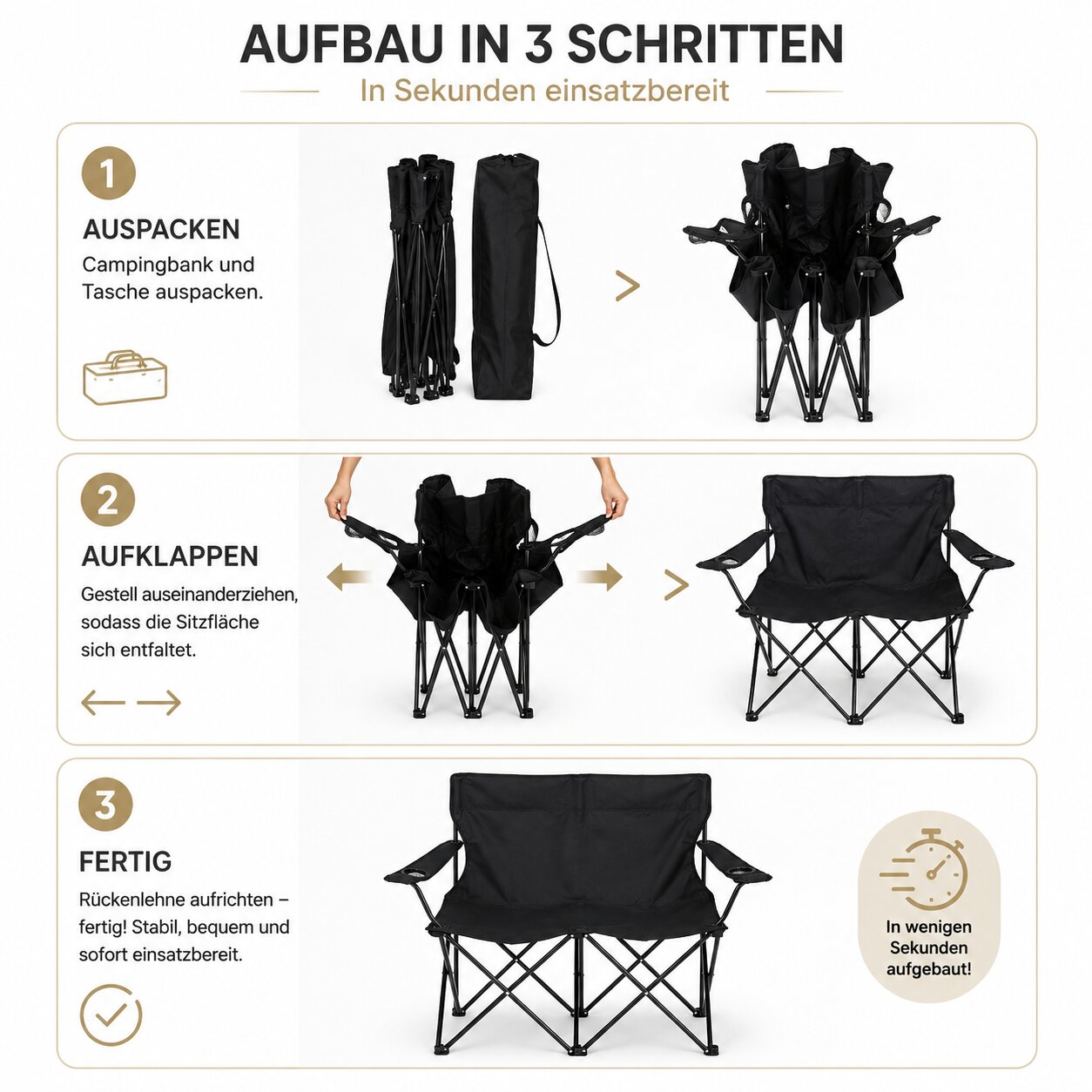 BigDean Garten Camping Sofa 2 Personen Schwarz faltbar