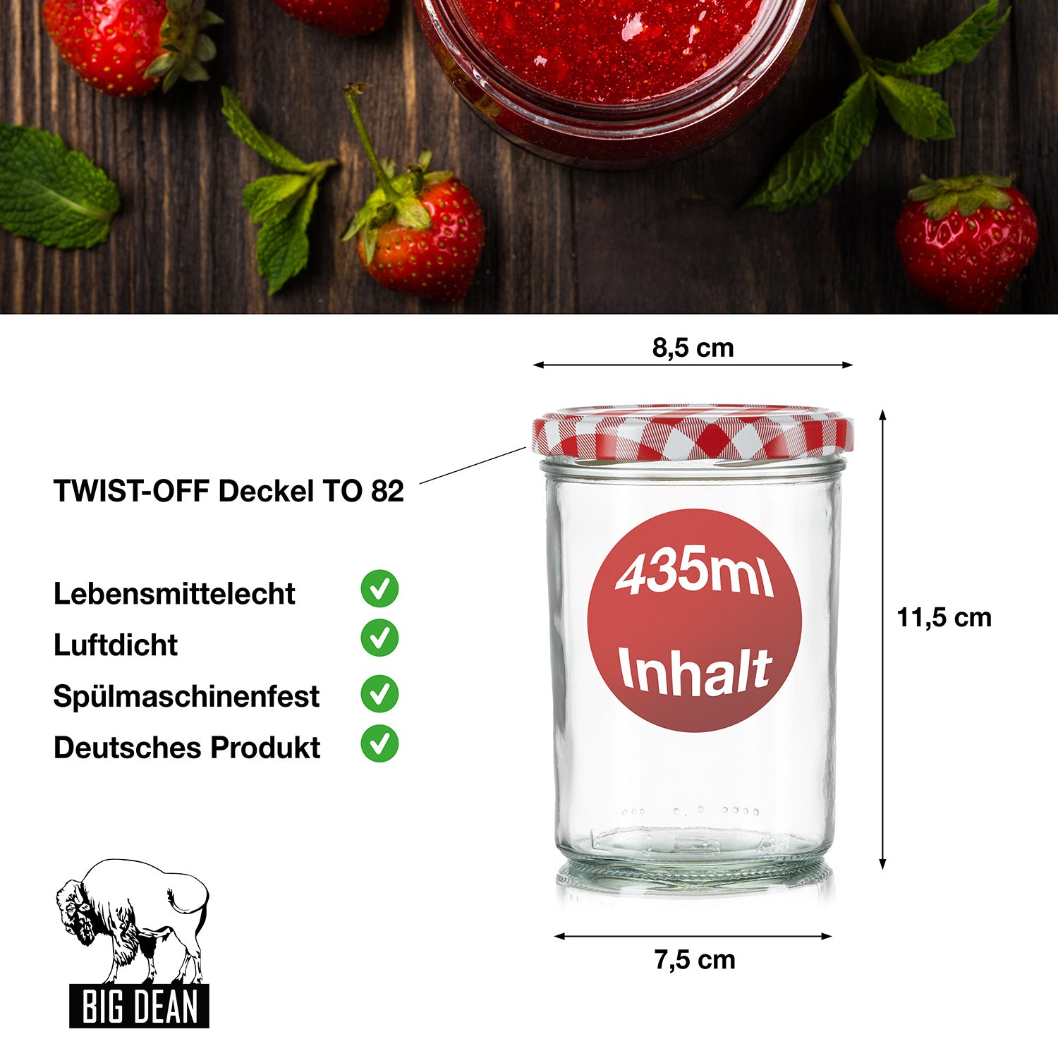 BigDean Sturzgläser 435ml 108er Set Einmachgläser rot kariert