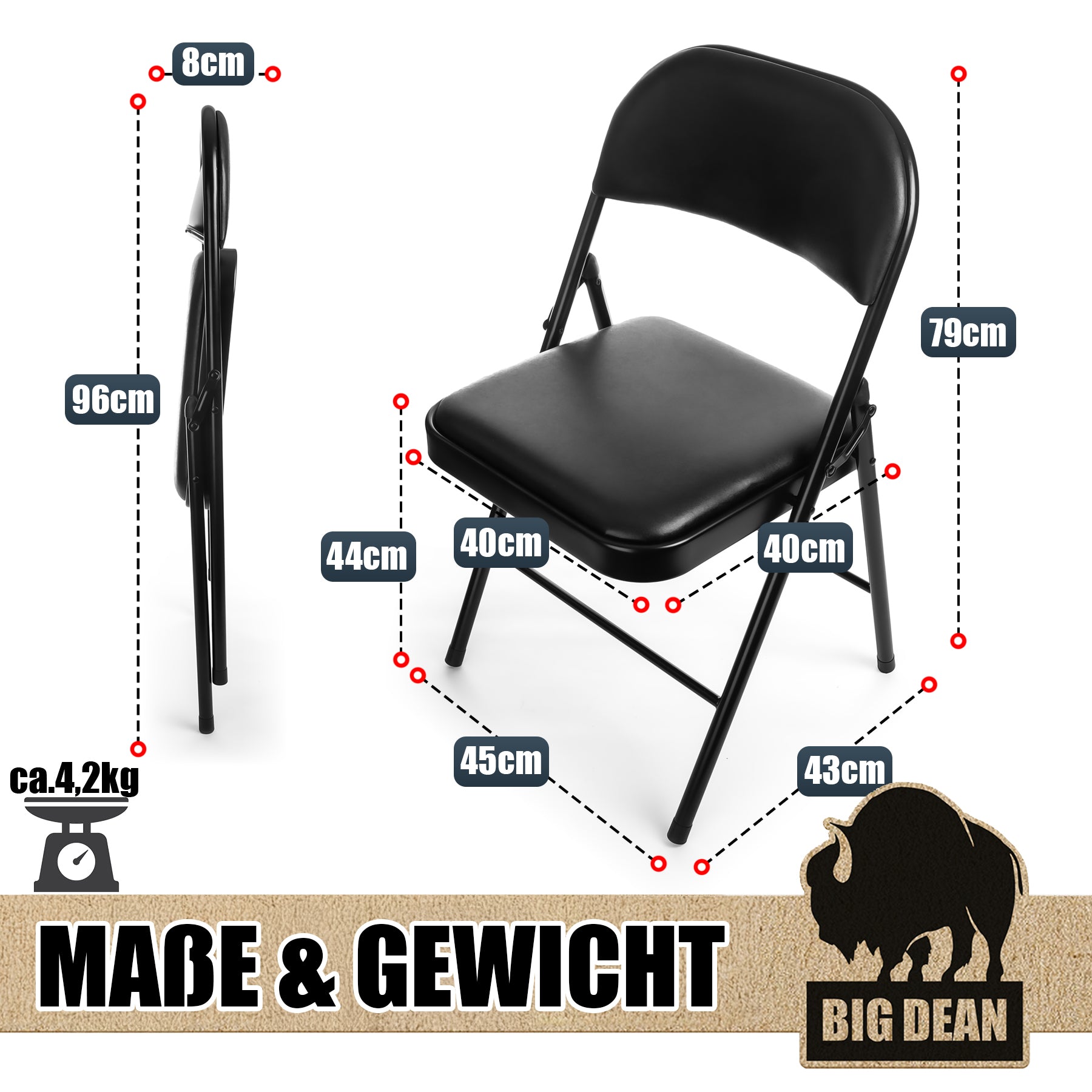 BigDean Klappstuhl Gepolstert Schwarz 4er Set 130kg