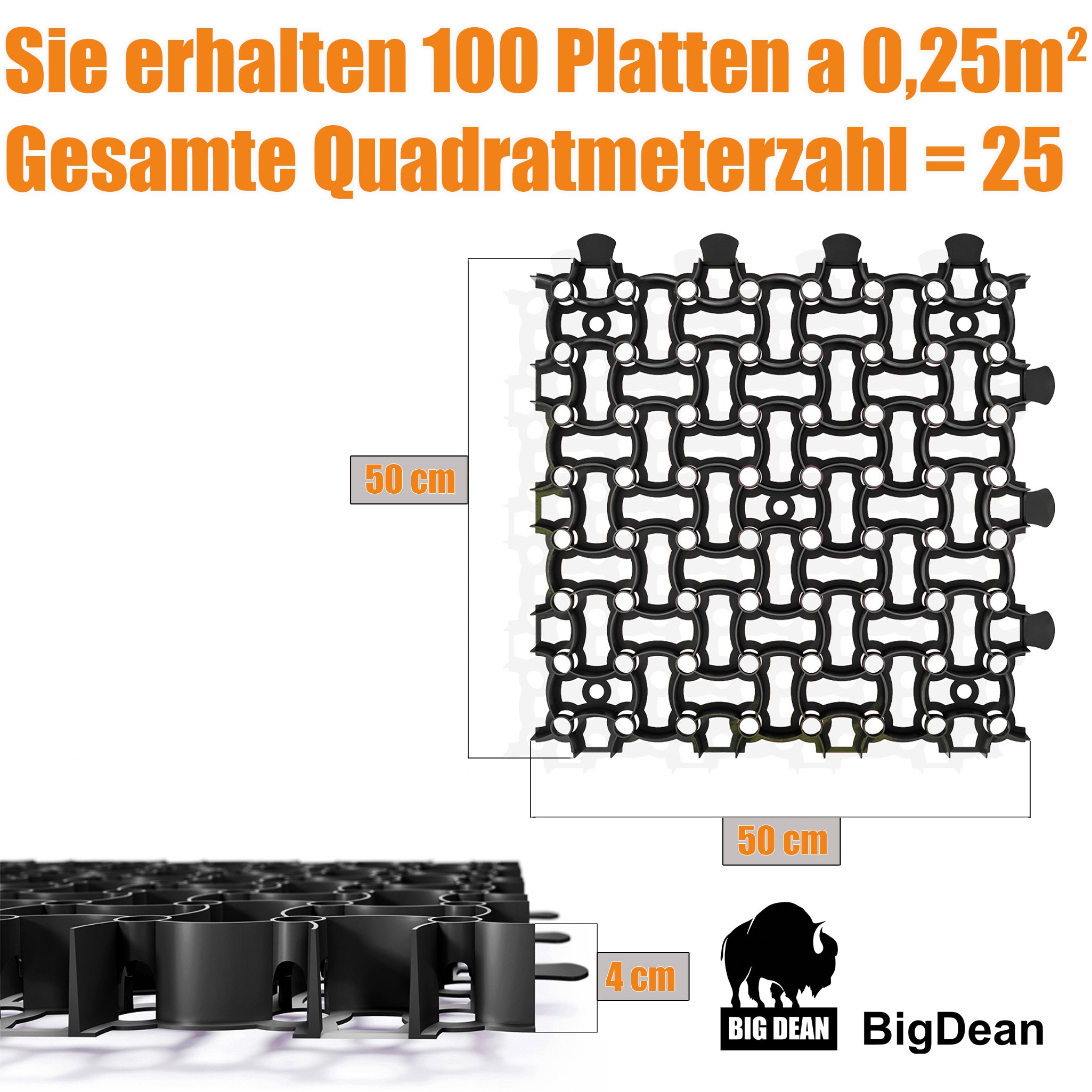 BigDean Küche & Vorrat Rasengitter schwarz 100 Stück 25 m² 16t