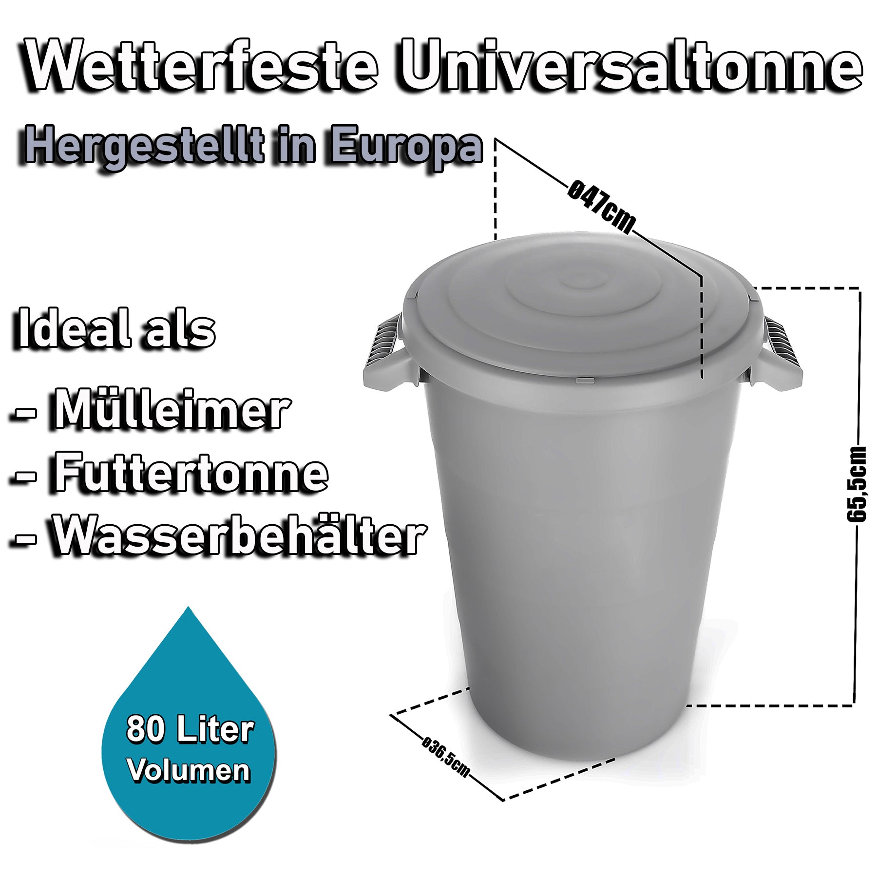 BigDean Universaltonne 80 Liter Grau Mülleimer mit Deckel