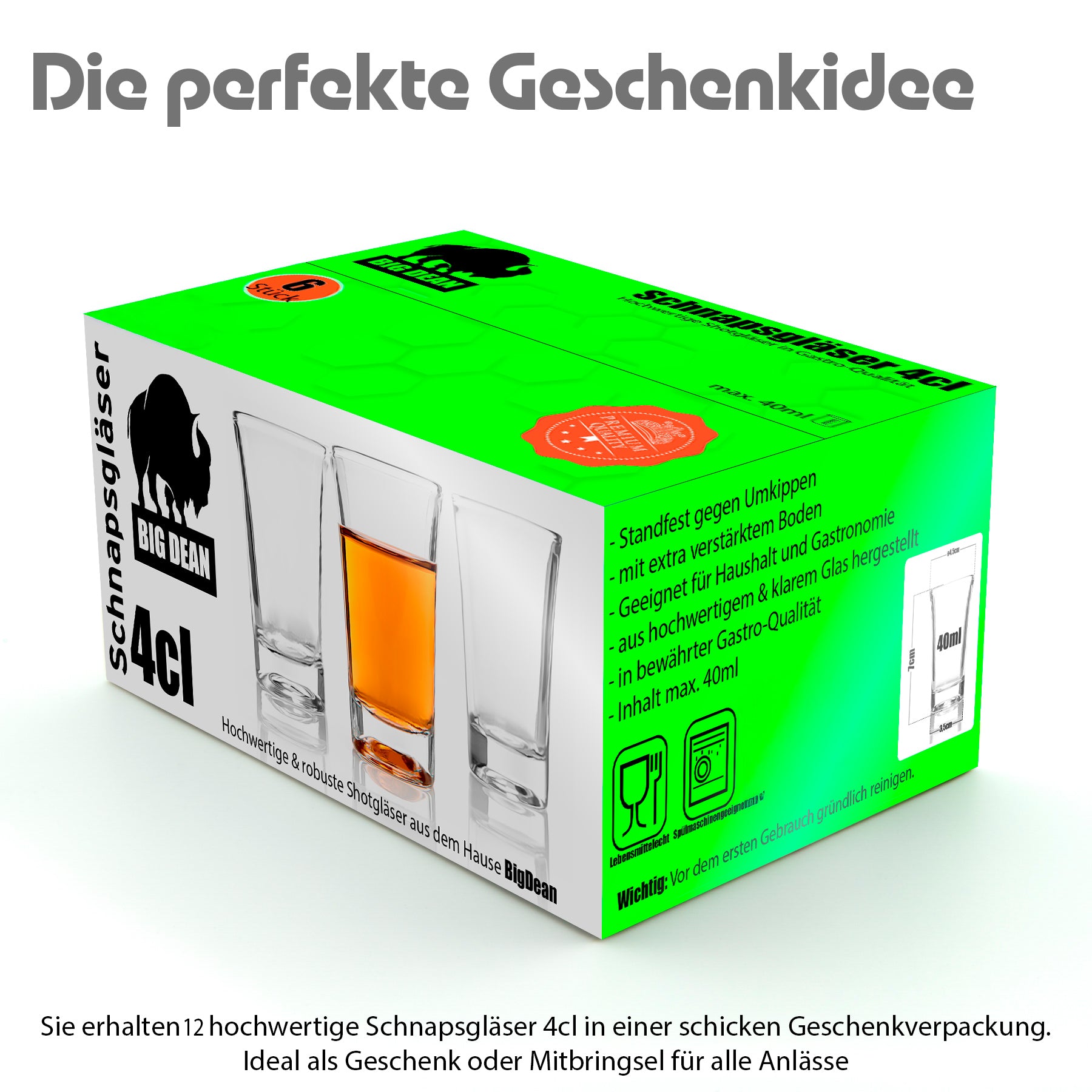 BigDean Schnapsgläser 4cl 12 Stück Shotgläser Geschenkbox