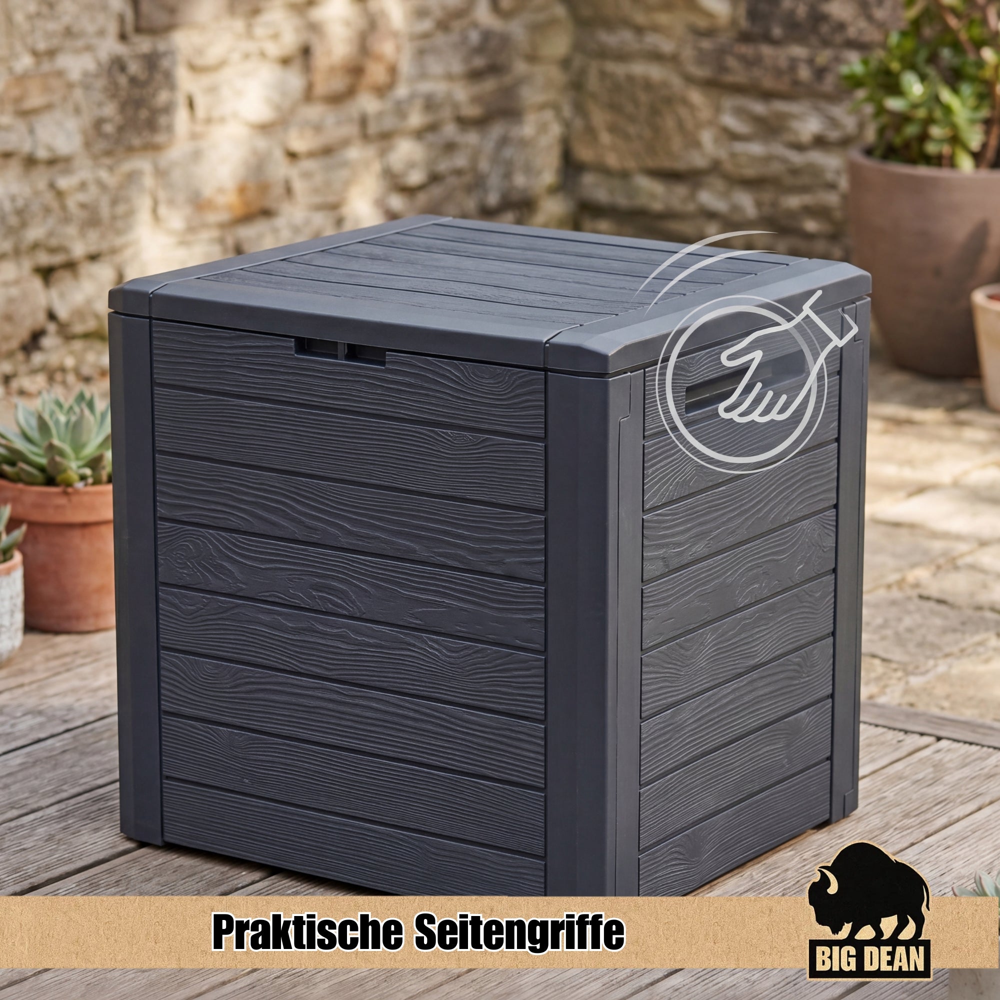 BigDean Gartenbox 140 Liter Auflagenbox Holzoptik klein