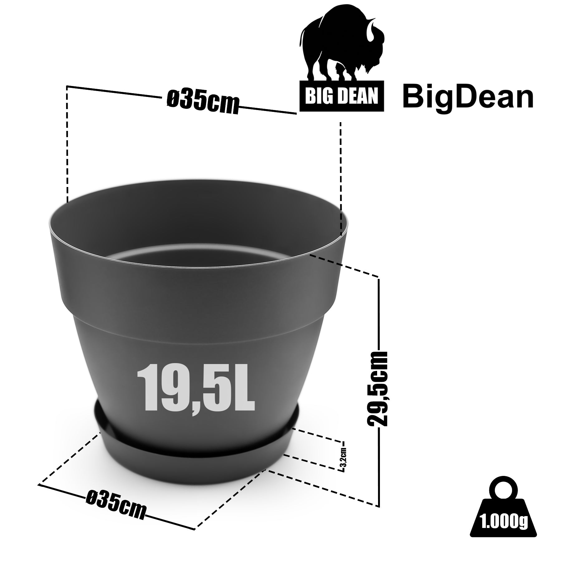 BigDean Blumentopf Ø35 cm anthrazit 3er Set mit Untersetzer