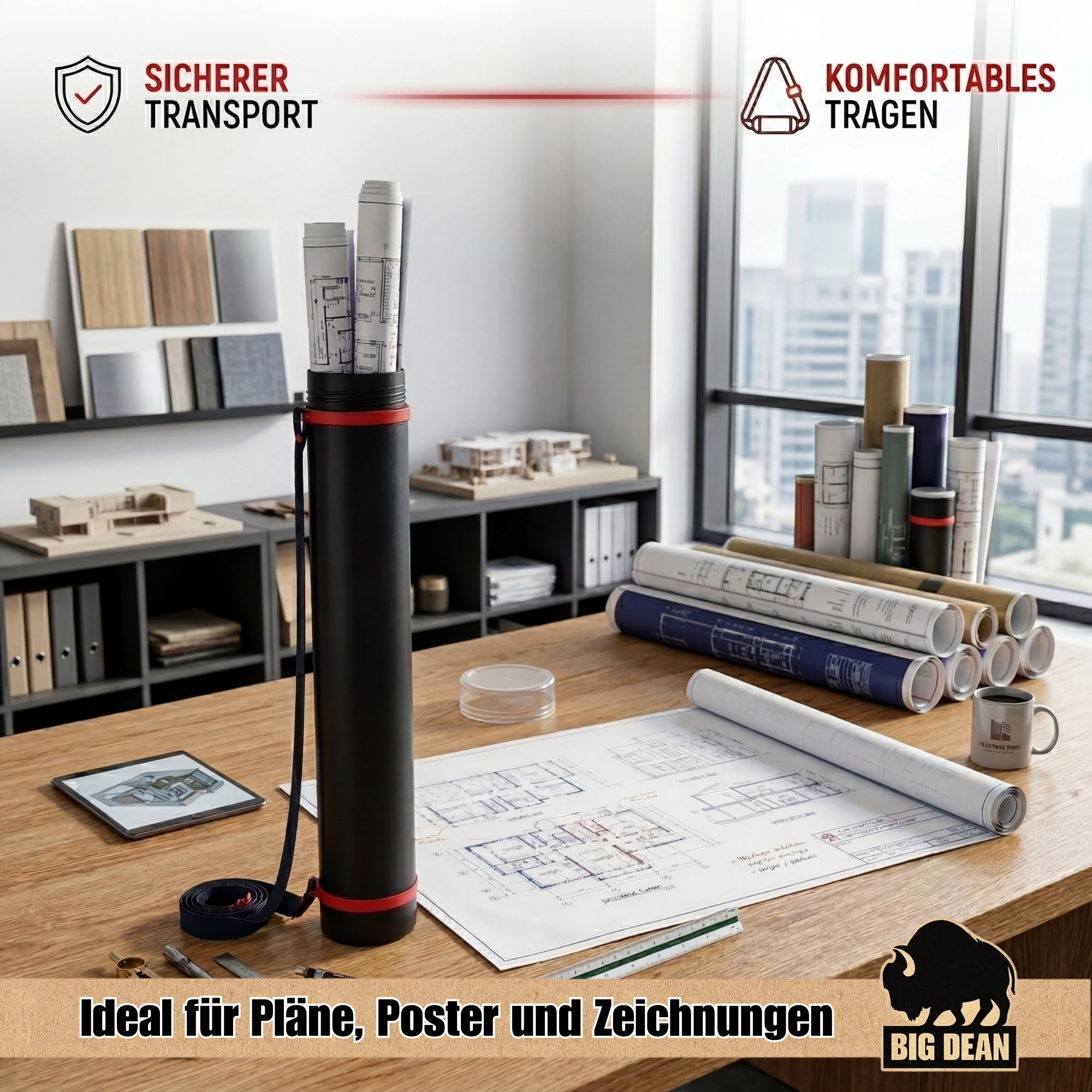 BigDean Posterrolle A0 Schwarz verstellbar Köcher 62-100 cm
