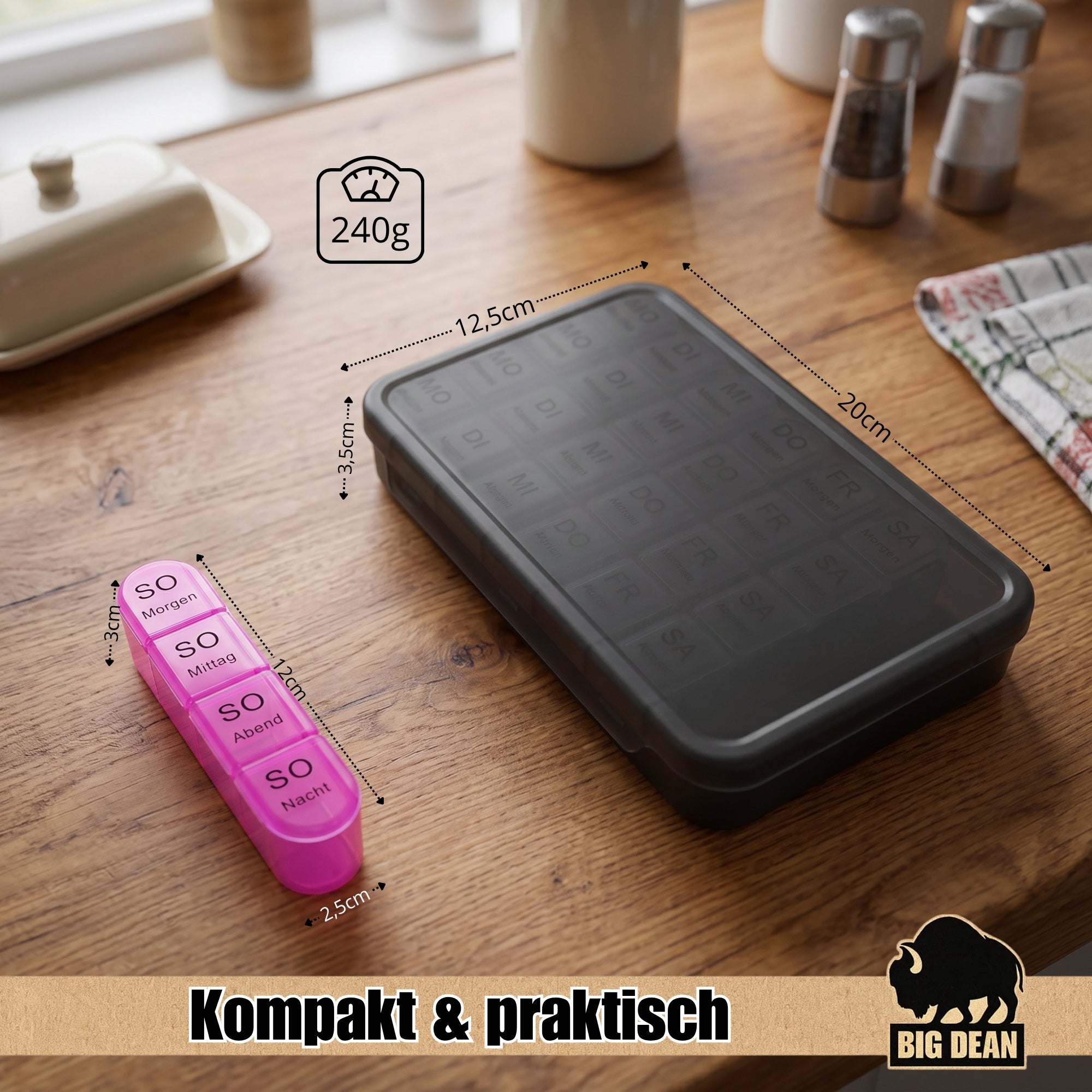 BigDean Tablettenbox 7 Tage 4 Fächer Pillendose tragbar
