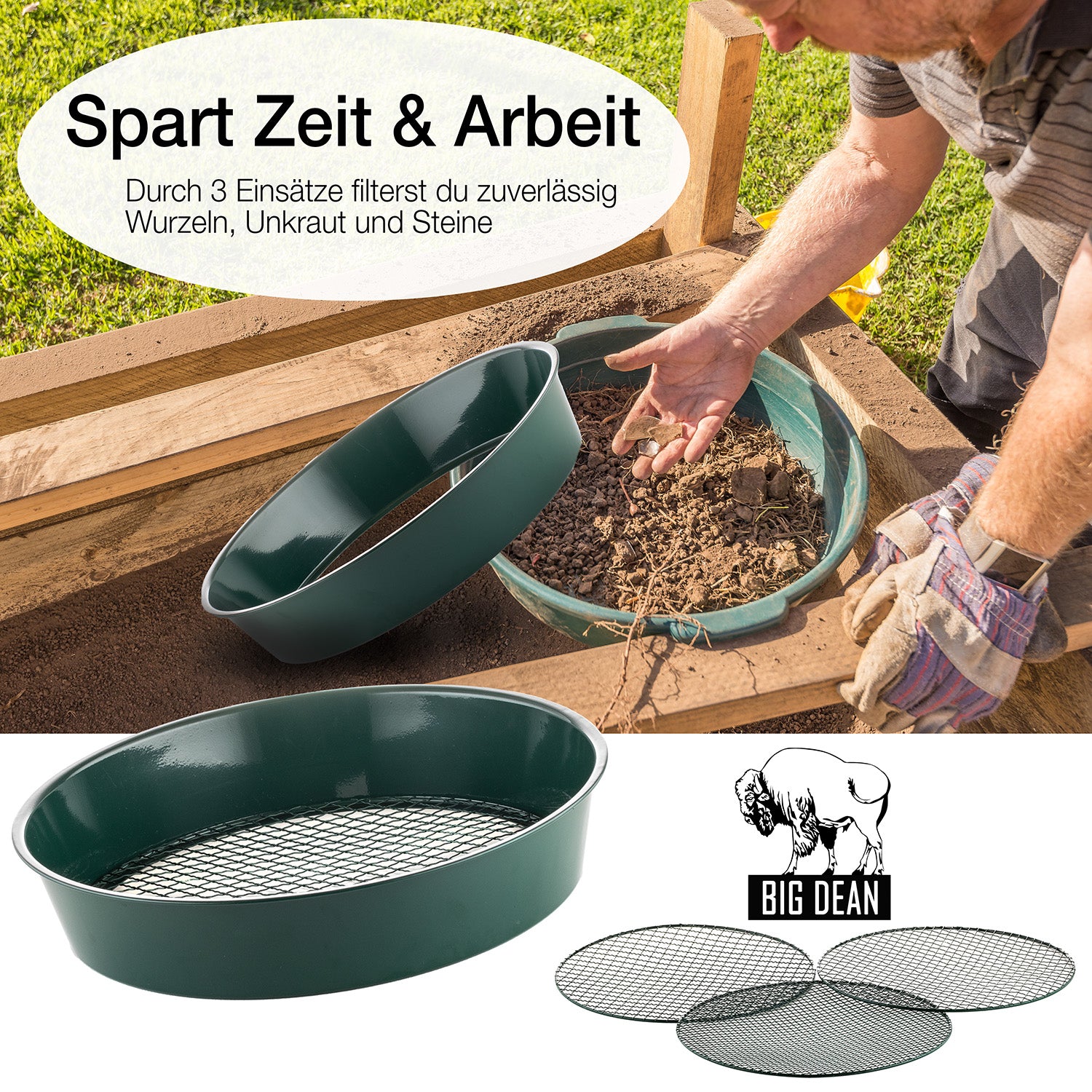 BigDean Gartensieb XL Metall Ø37cm 3 Einsätze
