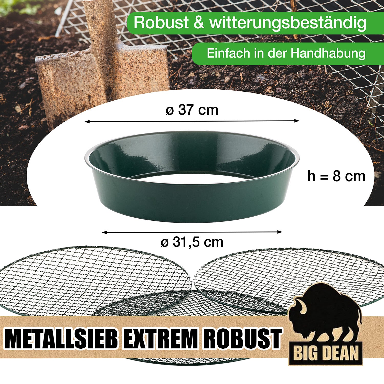 BigDean Gartensieb Metall Ø37cm Erdsieb 3 Einsätze grün