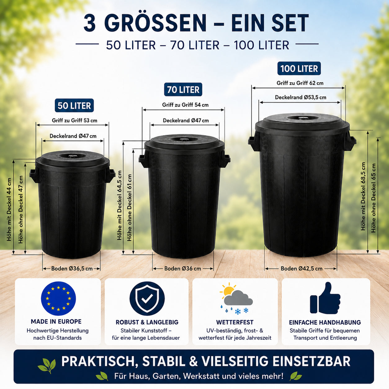 BigDean Haushalt Universaltonne 100+70+50L Set schwarz Deckel