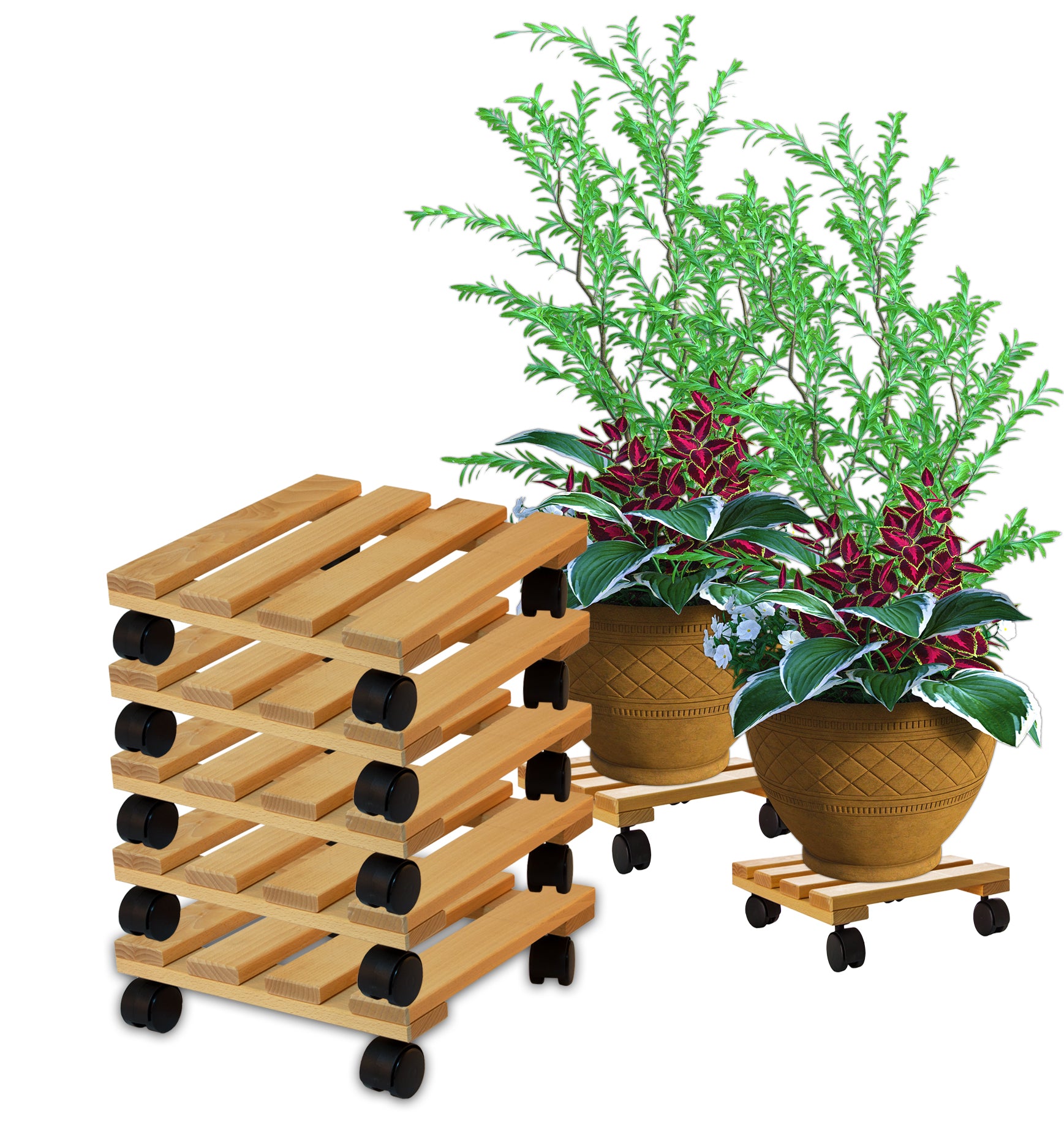 BigDean Pflanzenroller Holz eckig 30x30 cm 5er Set bis 120 kg