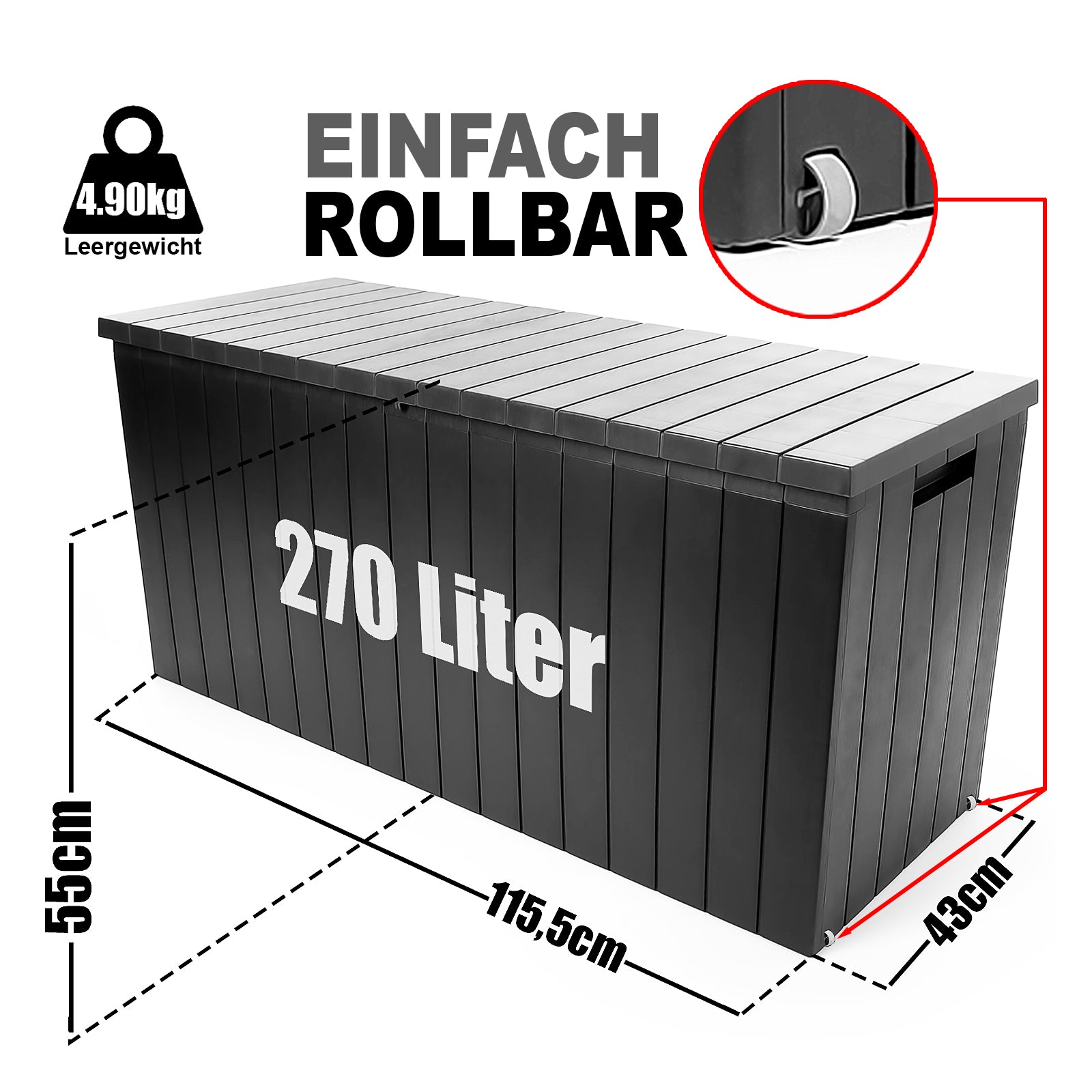 BigDean Gartenbox 270 L mit Rollen wetterfest Auflagenbox