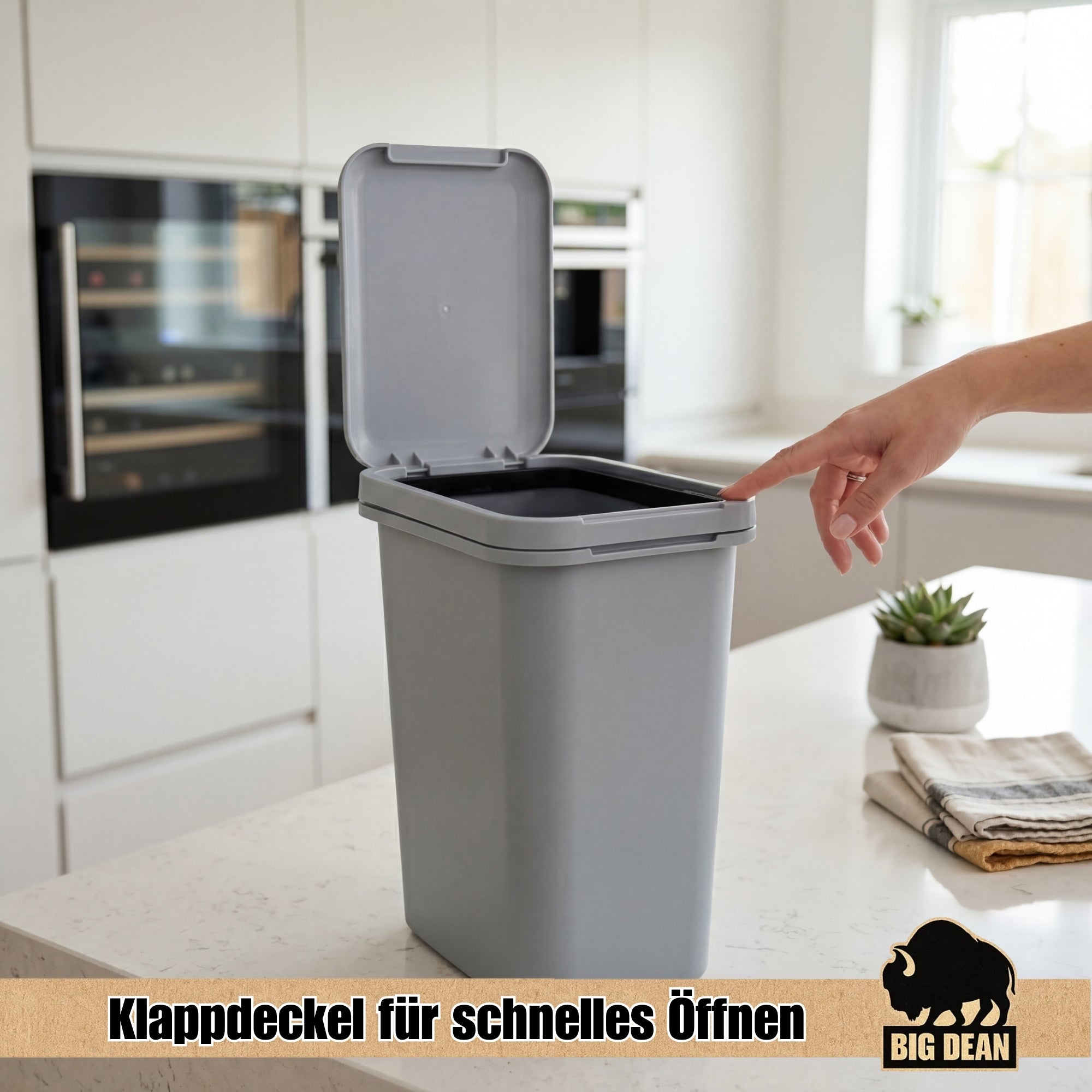 BigDean Mülleimer 12 Liter grau mit Deckel Kunststoff