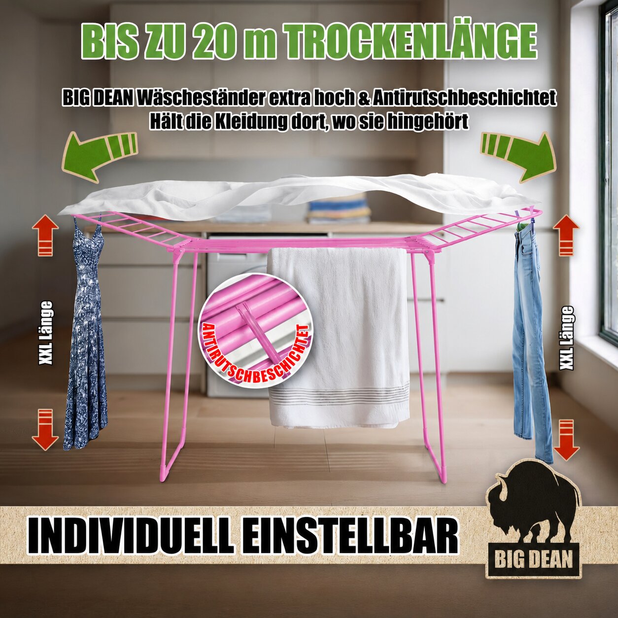 BigDean Wäscheständer Kirschblüte 20m Grip extra hoch