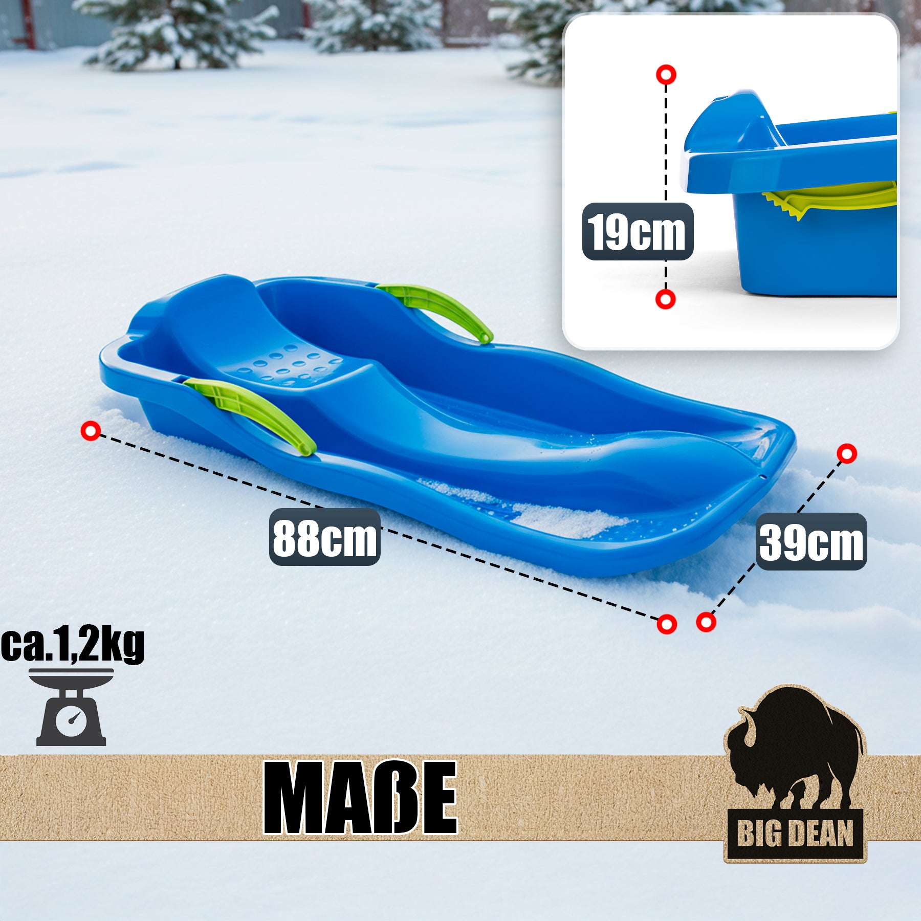 BigDean Premium Schlitten Blau mit Bremse Lenkschlitten