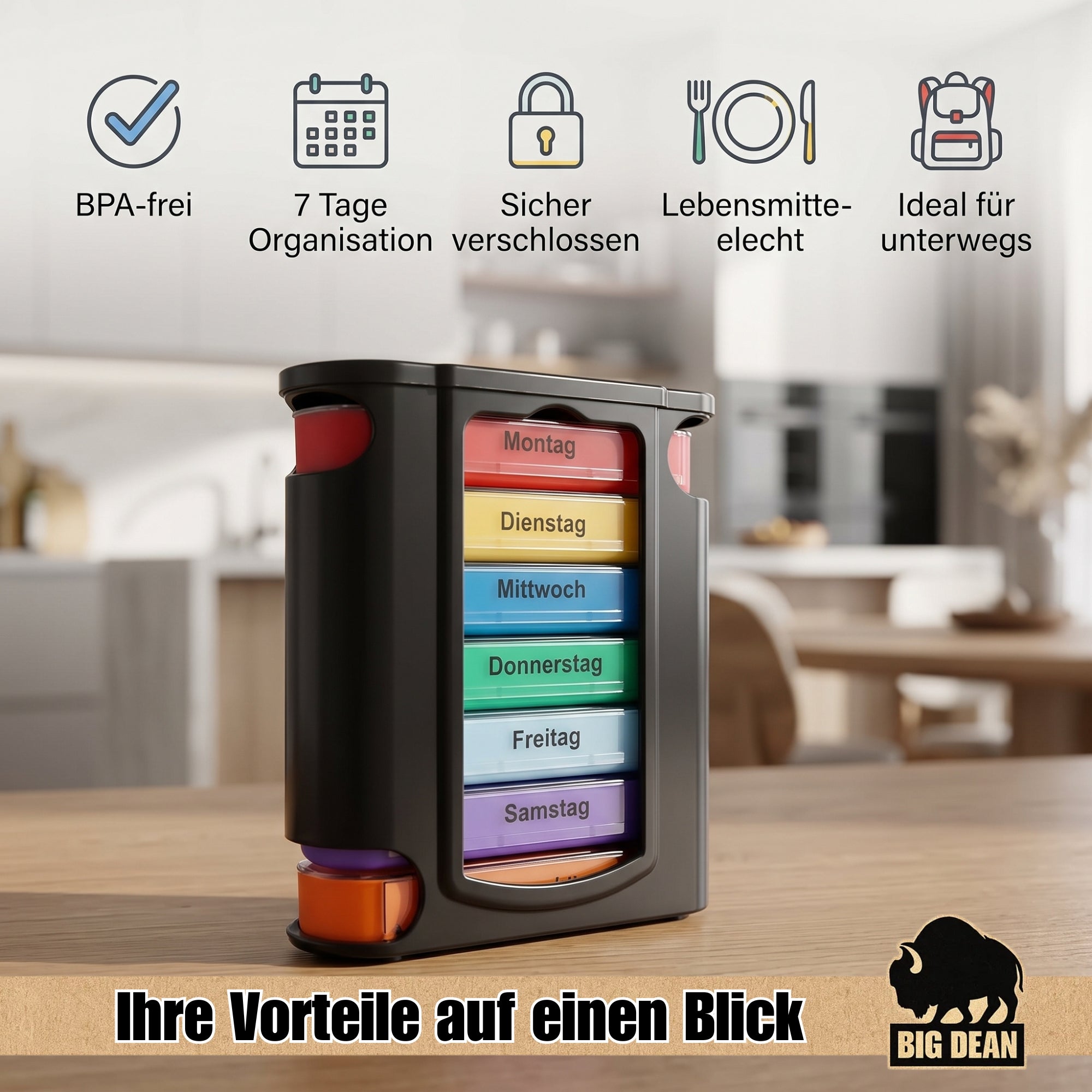 BigDean Haushalt Tablettenbox 7 Tage Pillendose schwarz 4 Fächer