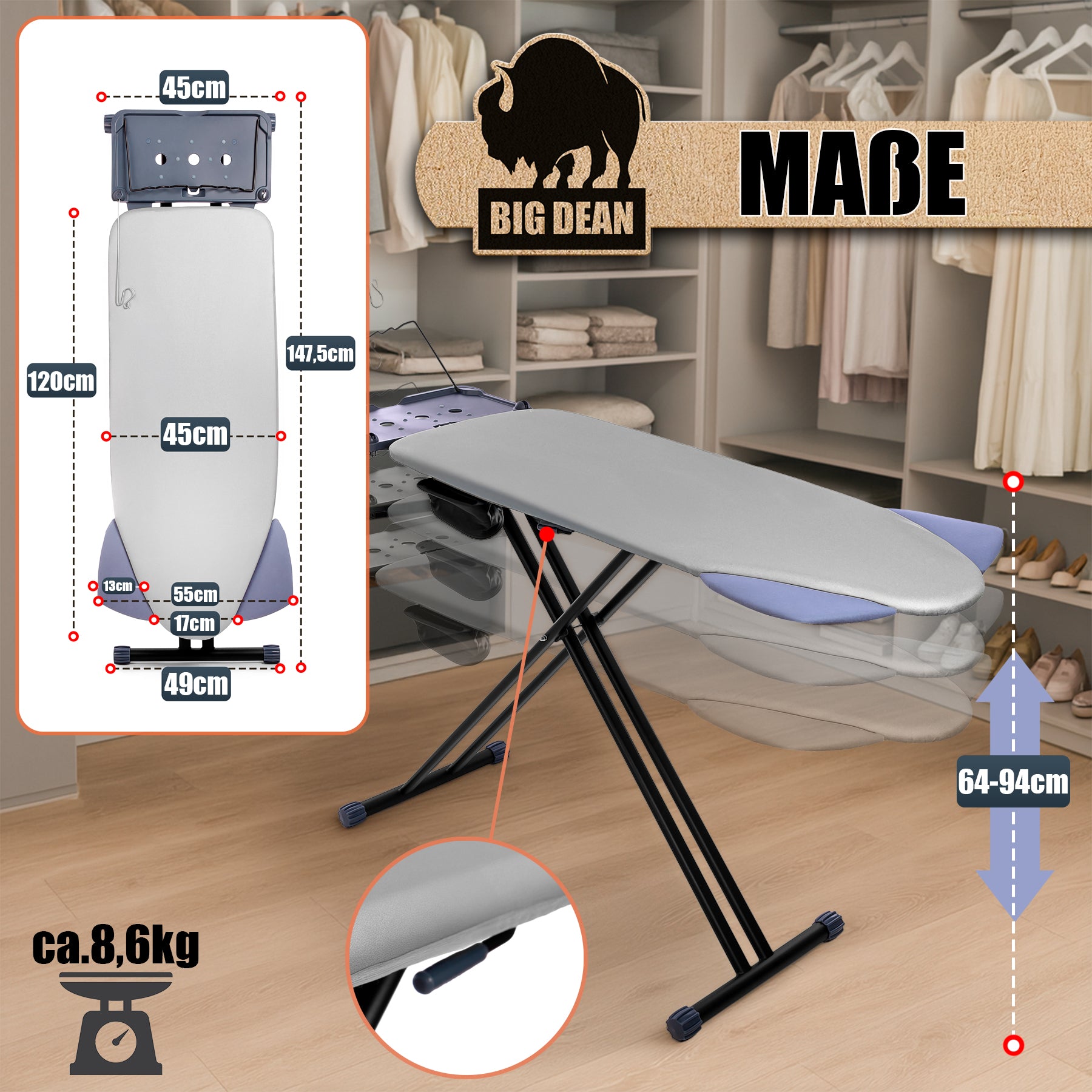 BigDean XXL Bügelbrett 120x45 cm höhenverstellbar schwarz