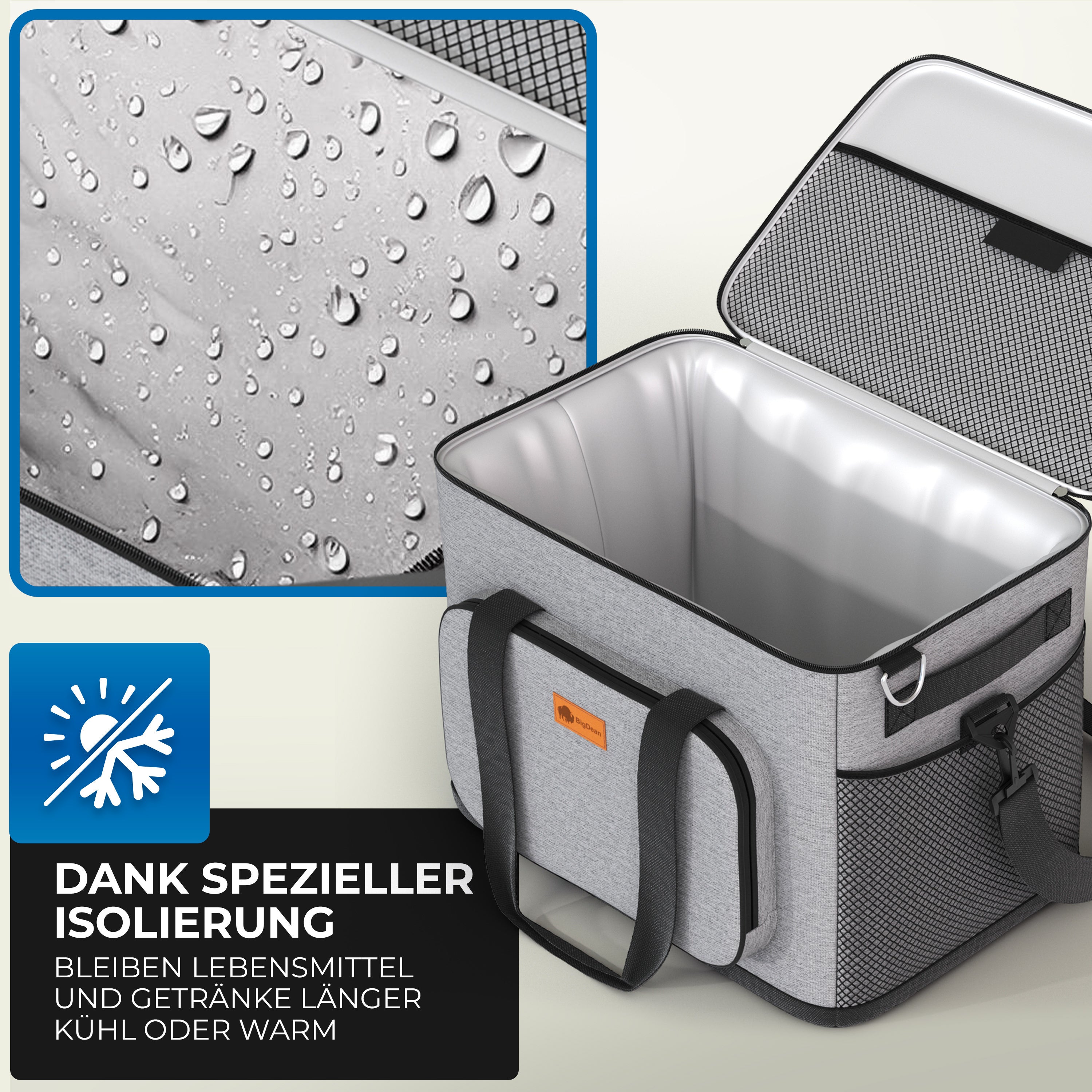 BigDean Kühltasche 30L groß grau Isoliertasche 5h