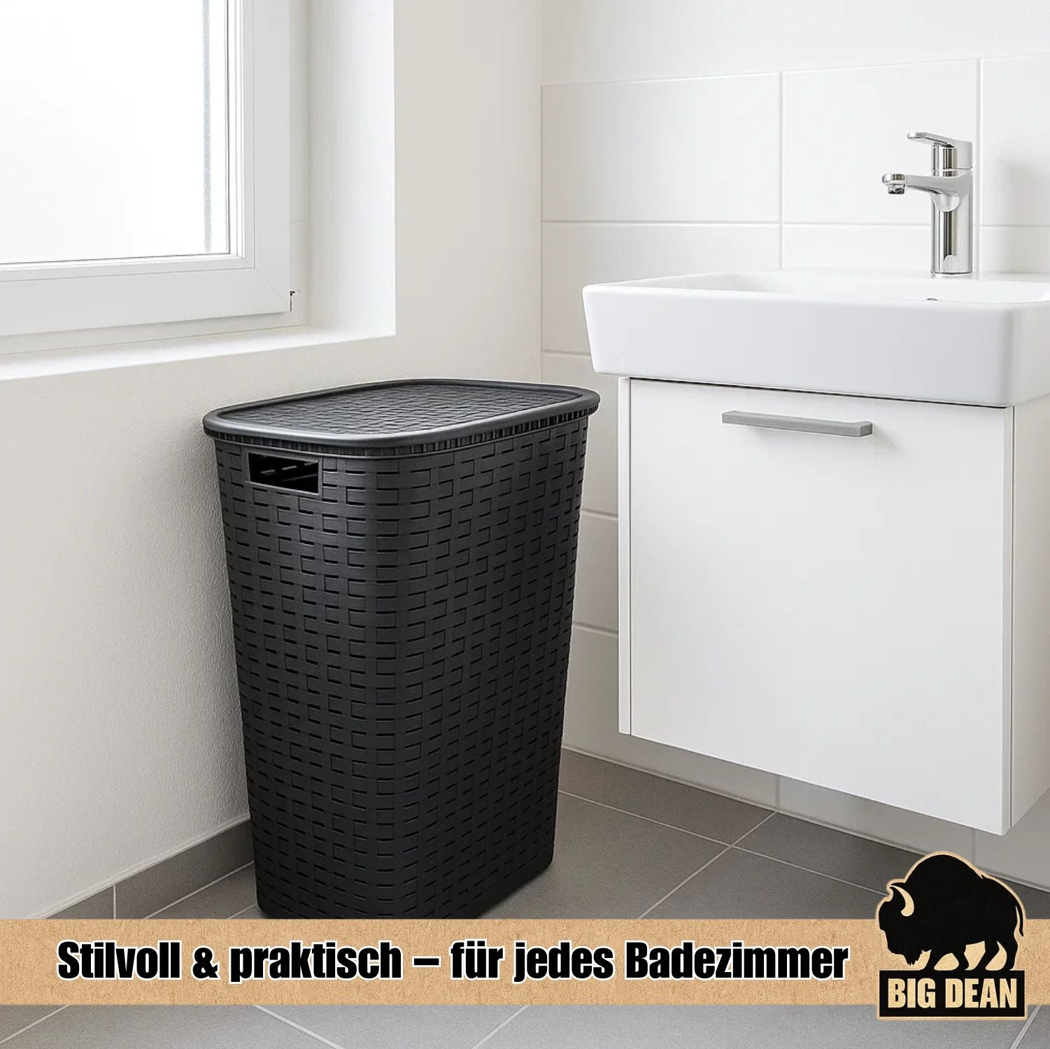 BigDean Haushalt Wäschekorb Deckel XL Rattanoptik Grau