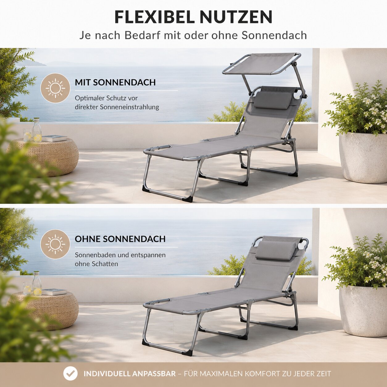 BigDean Sonnenliege klappbar grau gepolstert 150 kg