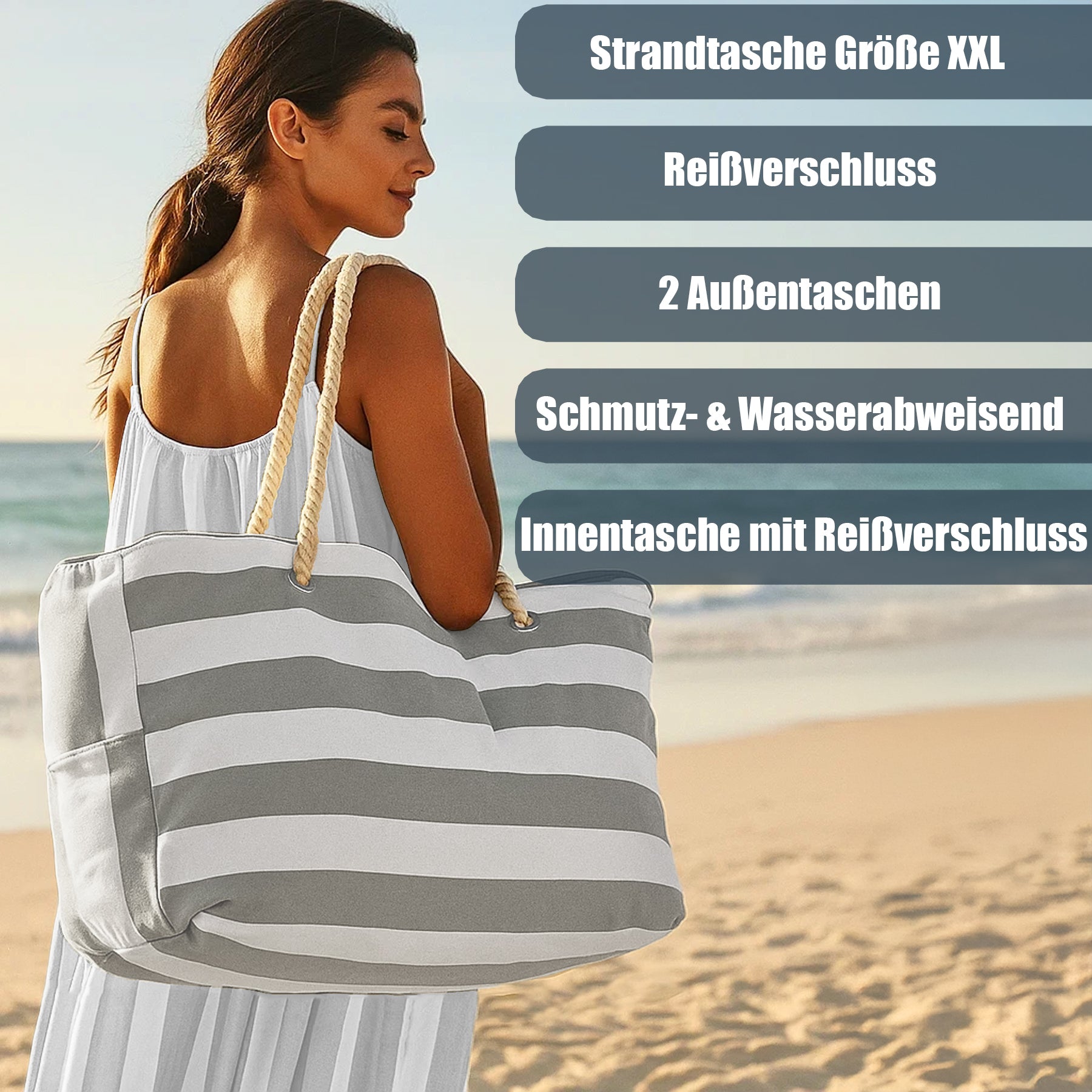 BigDean Strandtasche XXL Badetasche mit Reißverschluss 53x38cm
