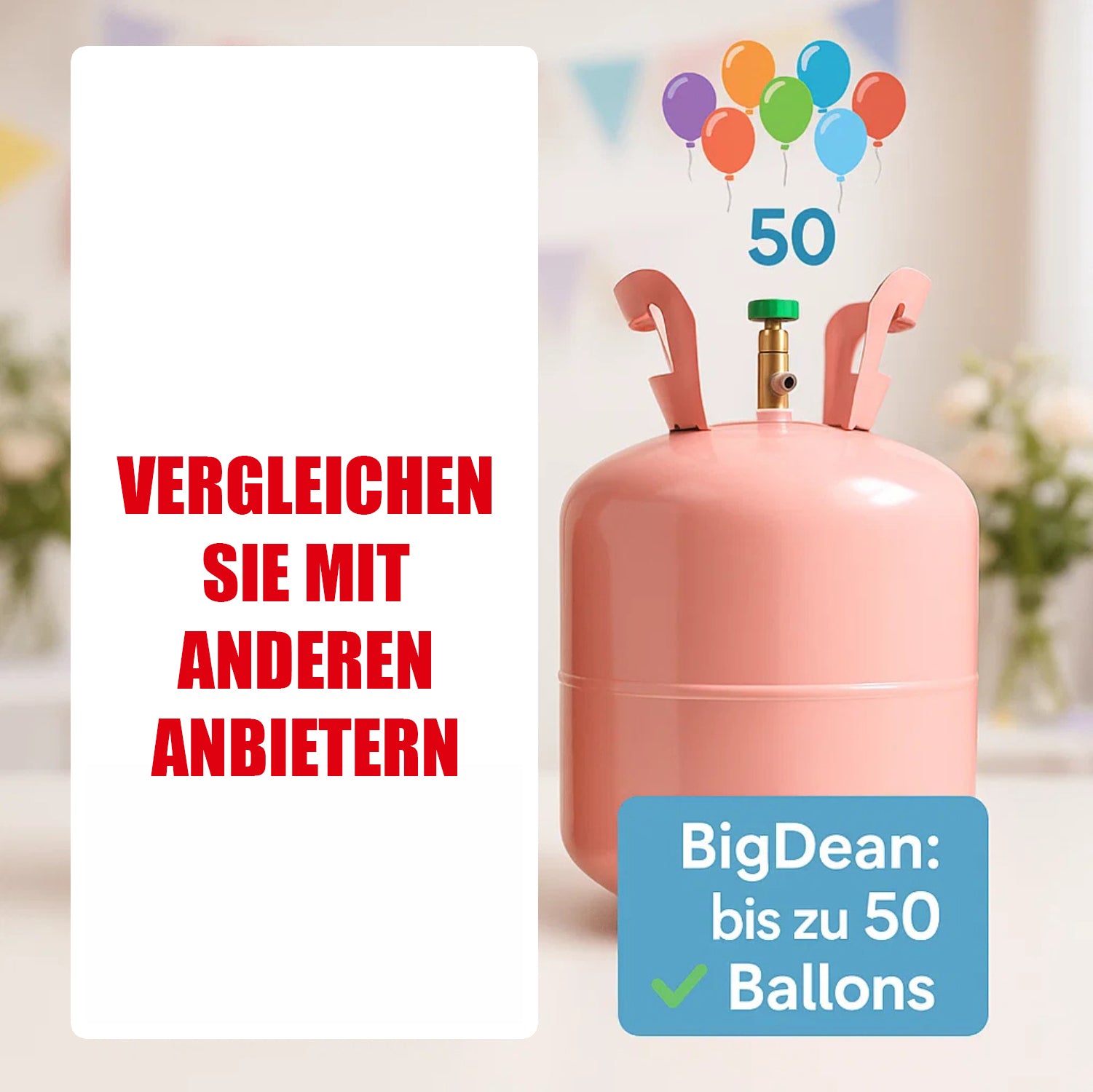 BigDean Helium Gasflasche XXL Ballongas für 50 Ballons