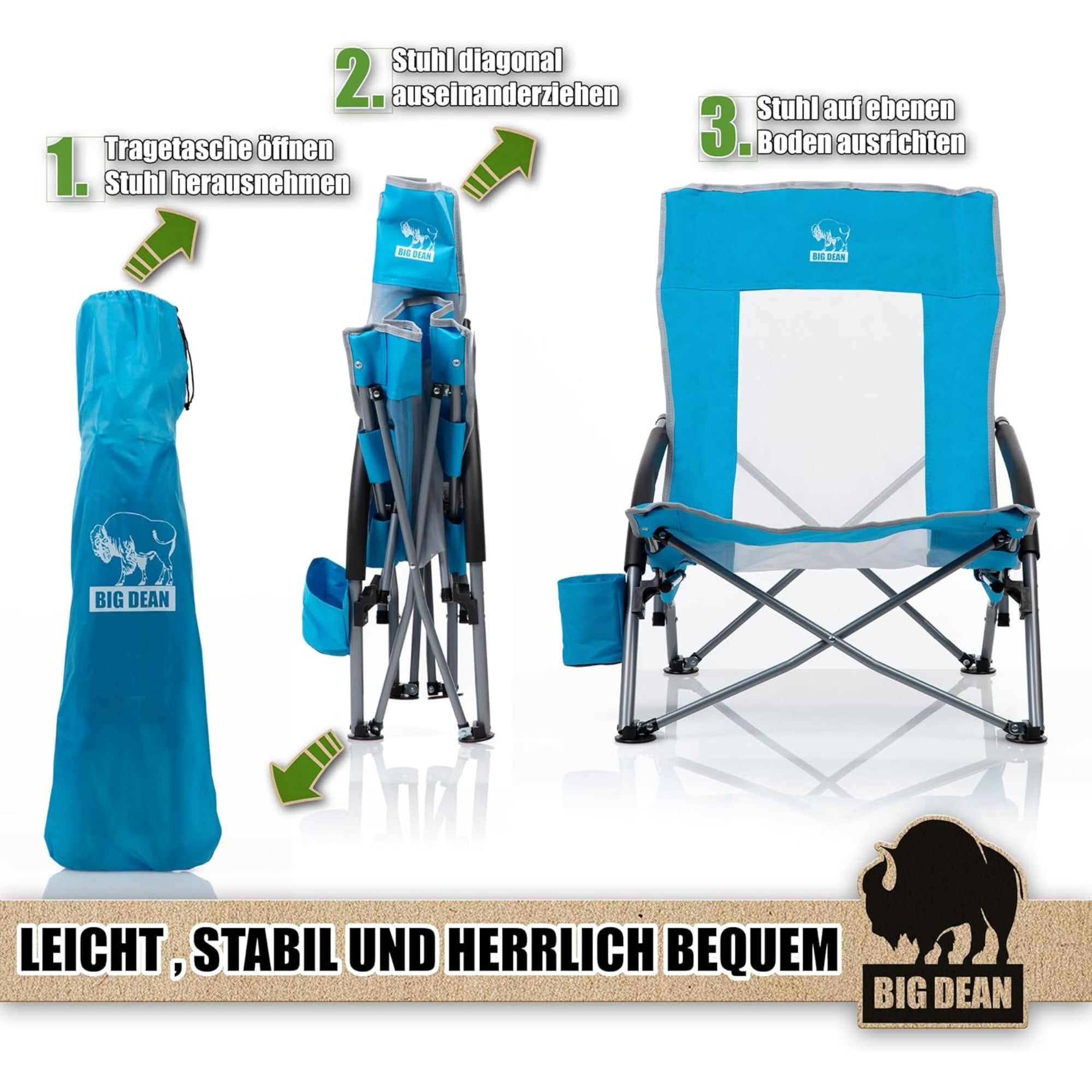BigDean Strandstuhl klappbar Getränkehalter Tasche