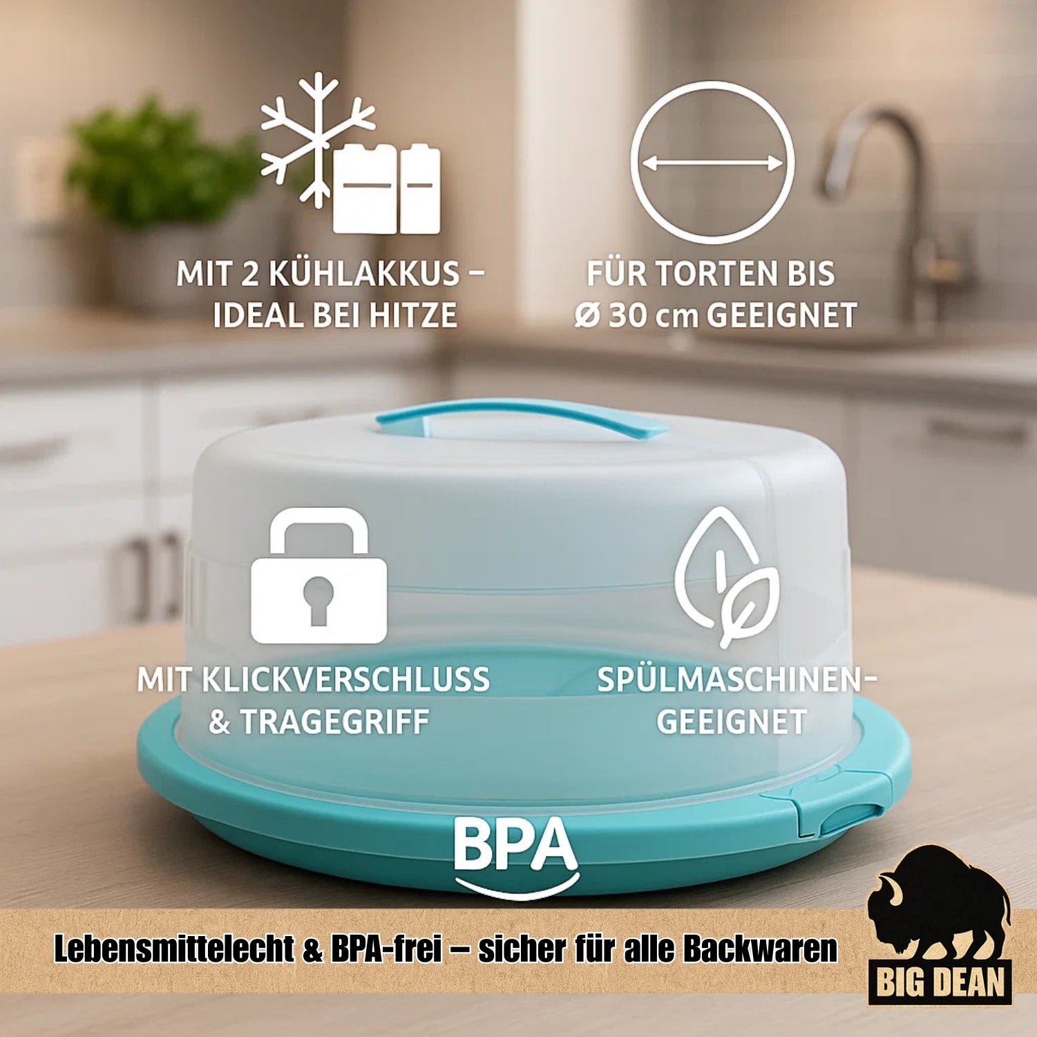 BigDean Küche Tortenbehälter mit Kühlakku 38 cm 2 Akkus BPA-frei