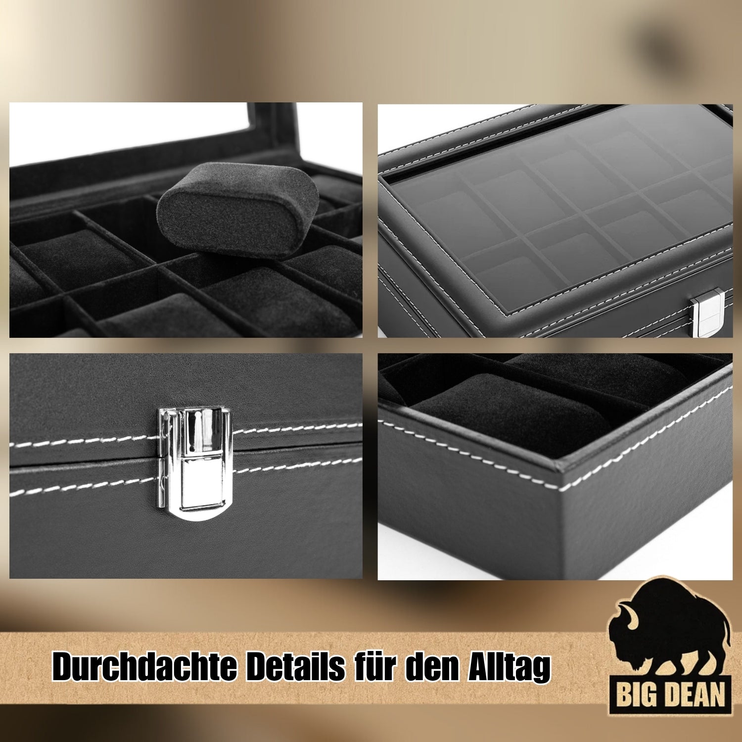 BigDean Aufbewahrung Uhrenbox 12 Uhren Glasdeckel Schwarz