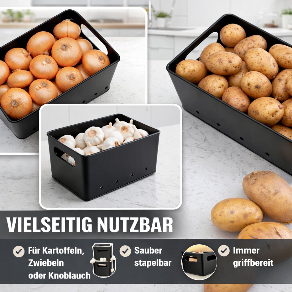 BigDean Kartoffelbox 3er Set Metall mit Bambusdeckel