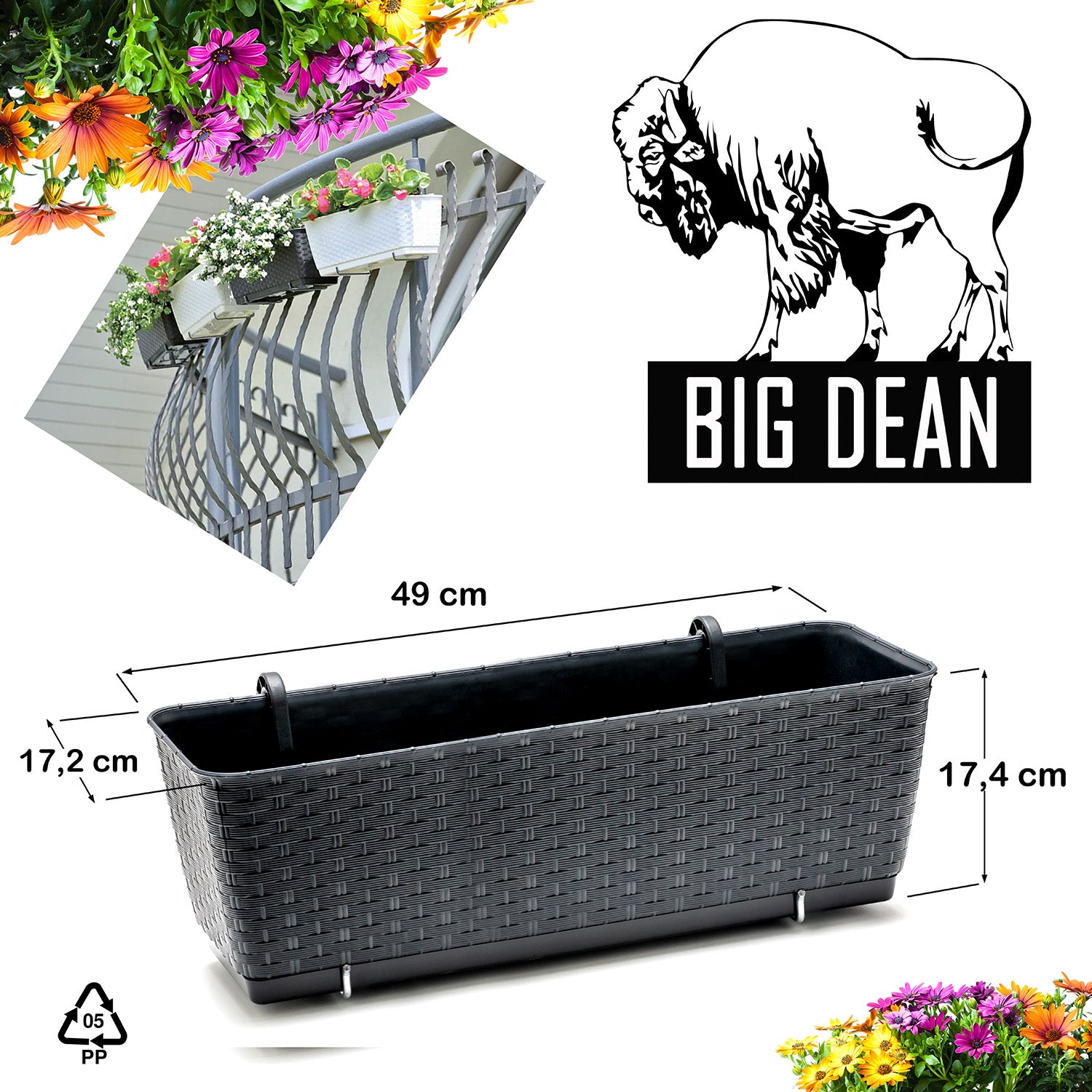 BigDean Garten 4er Blumenkästen Rattan 49 cm Anthrazit Bewässerung