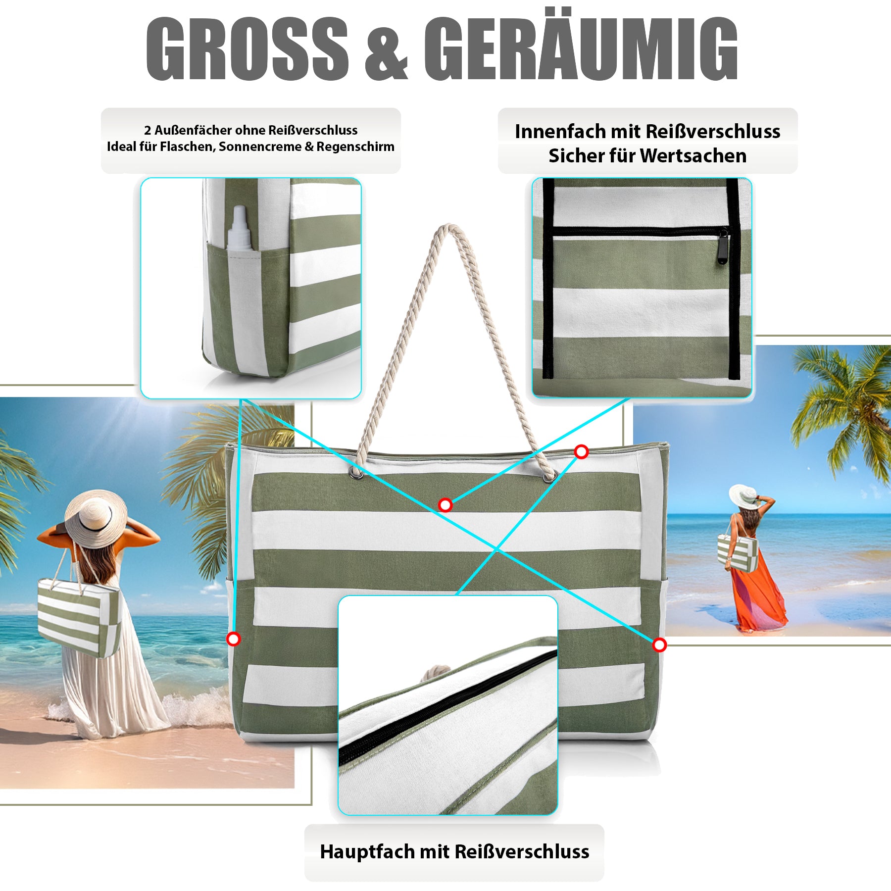 BigDean Strandtasche XXL Badetasche Grün-Weiß 53x38x20cm