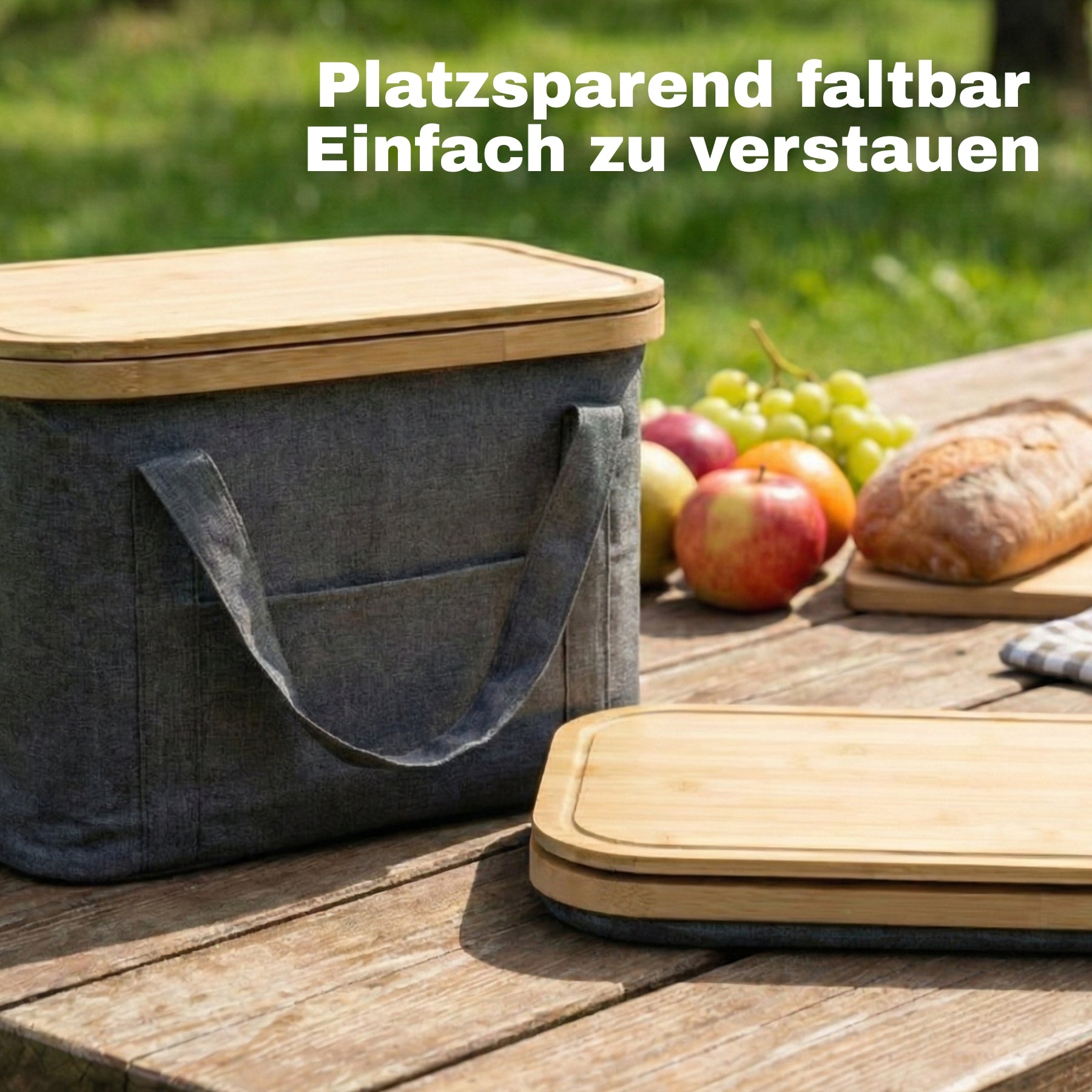 BigDean Picknicktasche 2-in-1 Kühltasche grau 24L mit Bambusdeckel