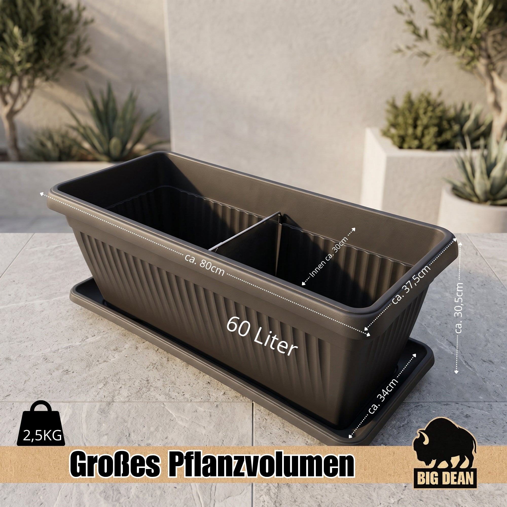 BigDean Garten Blumenkübel Jumbo 60L Anthrazit Untersetzer