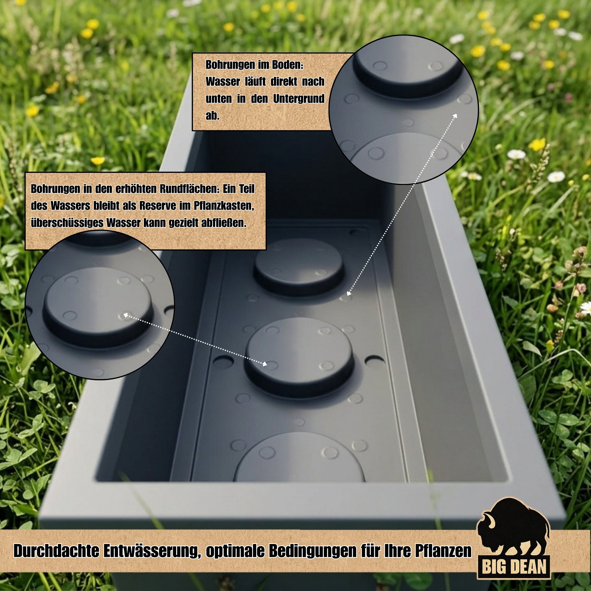 BigDean Vulkano Pflanzkübel rechteckig 72L Anthrazit Wasserspeicher