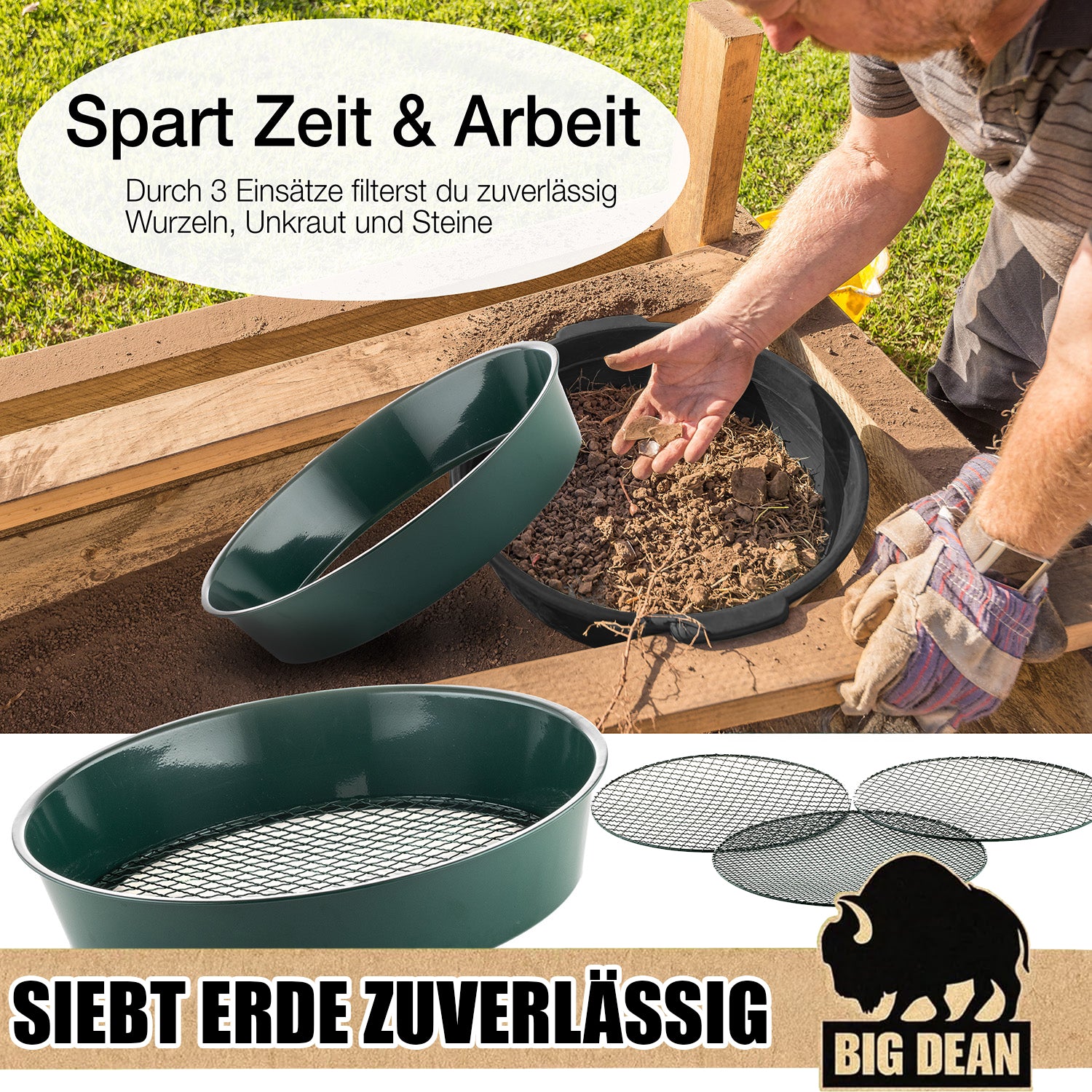 BigDean Gartensieb Metall Ø37cm Erdsieb 3 Einsätze grün