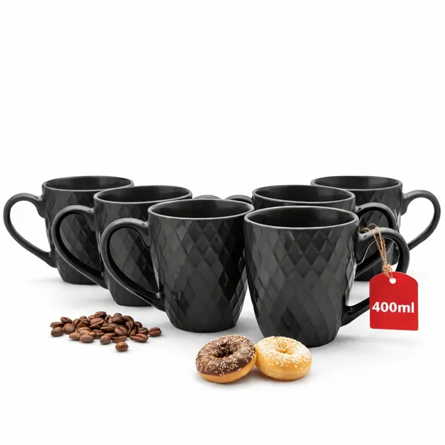 Kaffeetassen Set 6er 400 ml Schwarz Keramik Matt BigDean