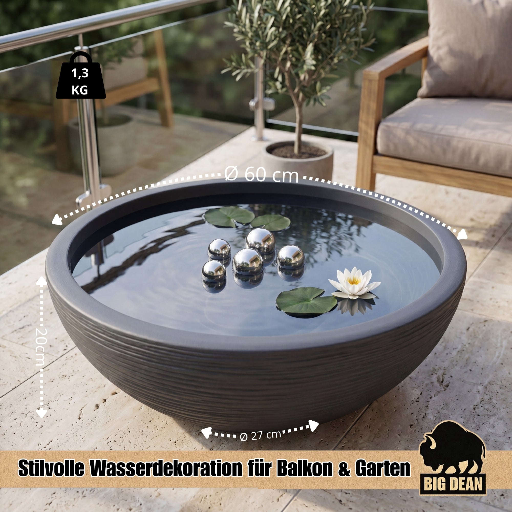 BigDean Miniteich Brunnen Set Schale mit Edelstahlkugeln XL
