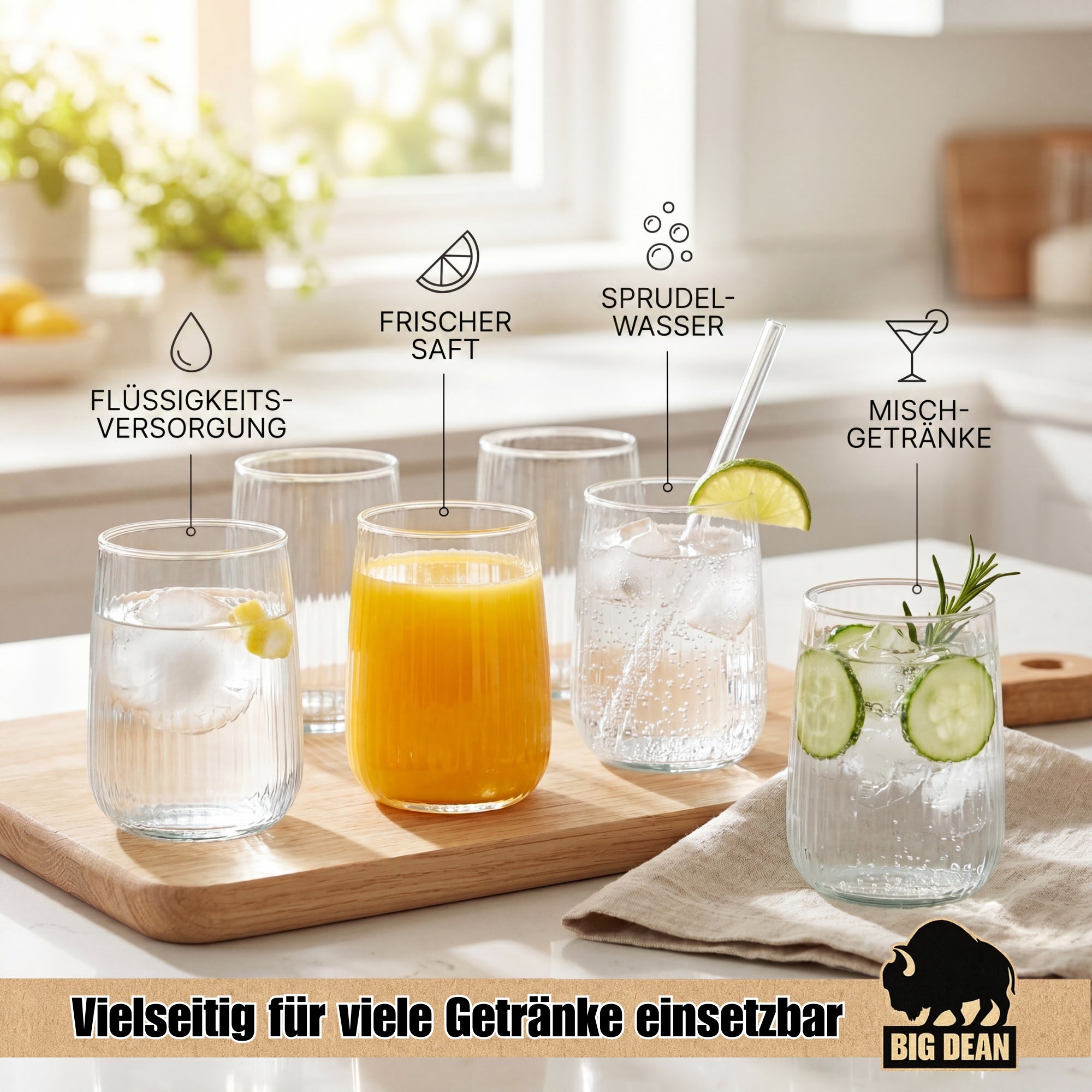 BigDean Küche Trinkgläser Geriffelt 320ml 6er Set spülmaschinenfest