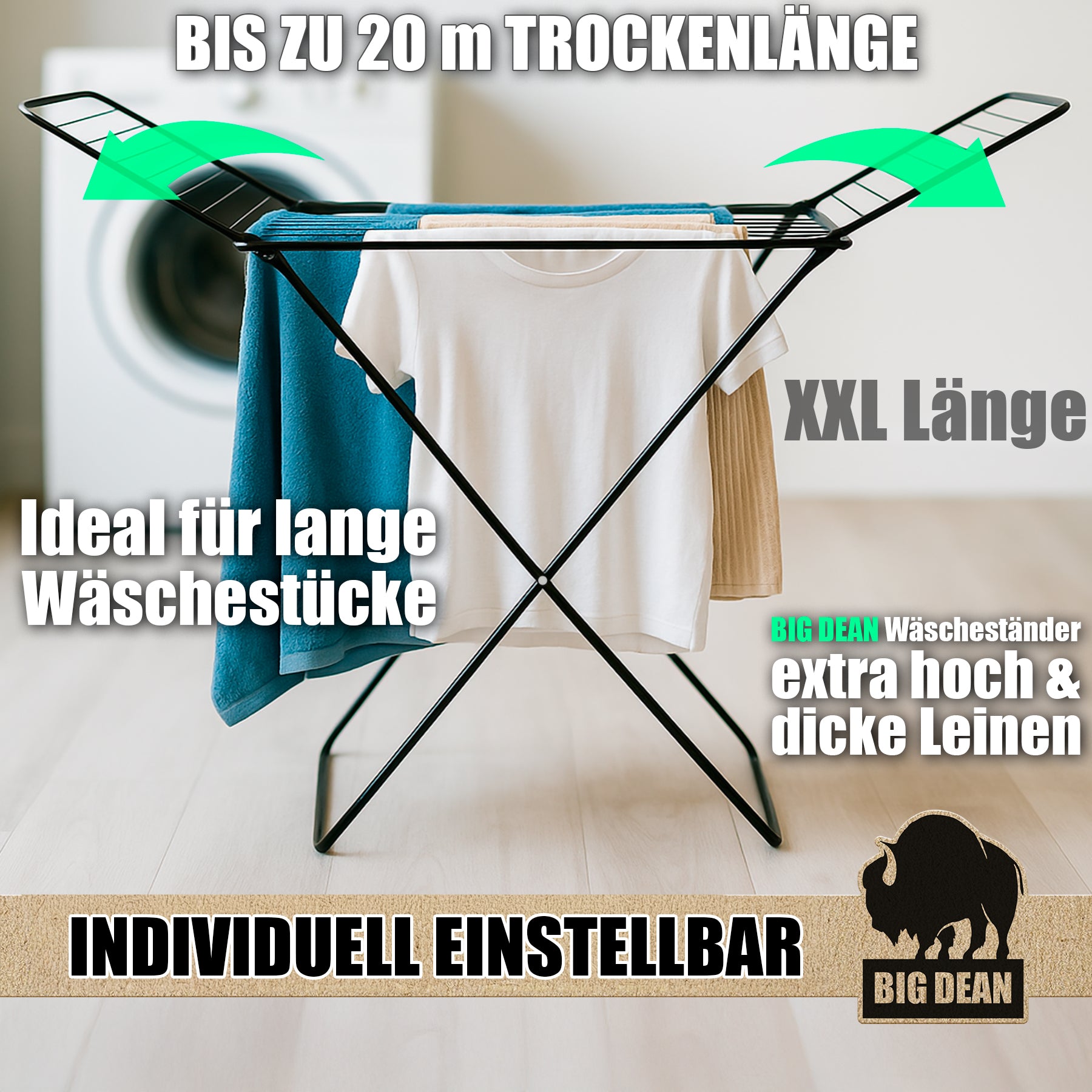 BigDean Wäscheständer XXL 20 m Schwarz 200 cm hoch