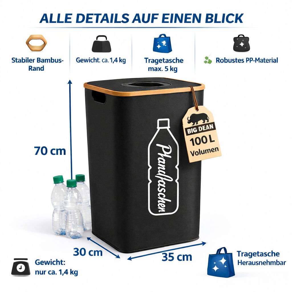 BigDean Pfandflaschen Sammelbehälter 100L schwarz 30-40 Flaschen